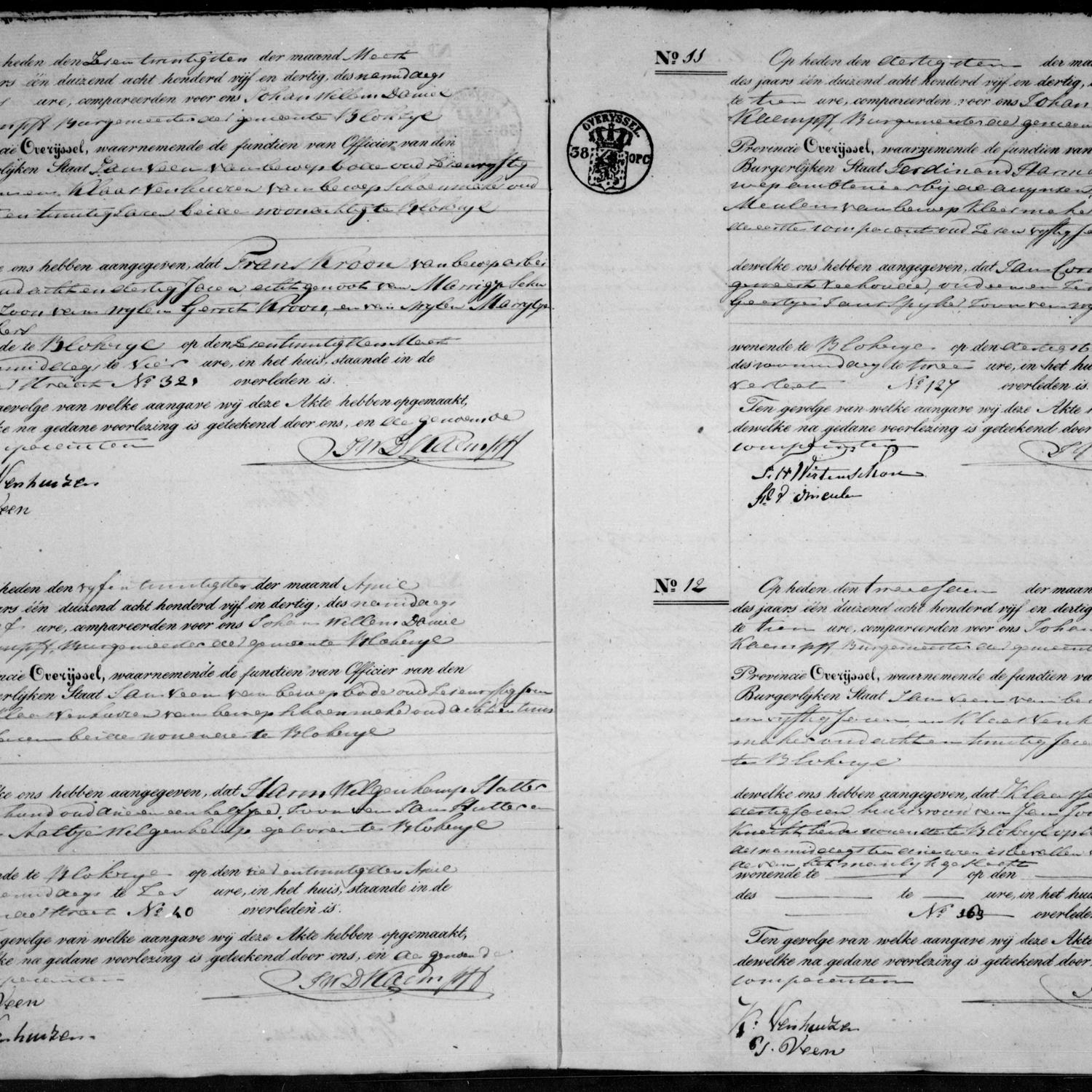 Civil registry of deaths, Blokzijl, April 30, 1835, records 9-12