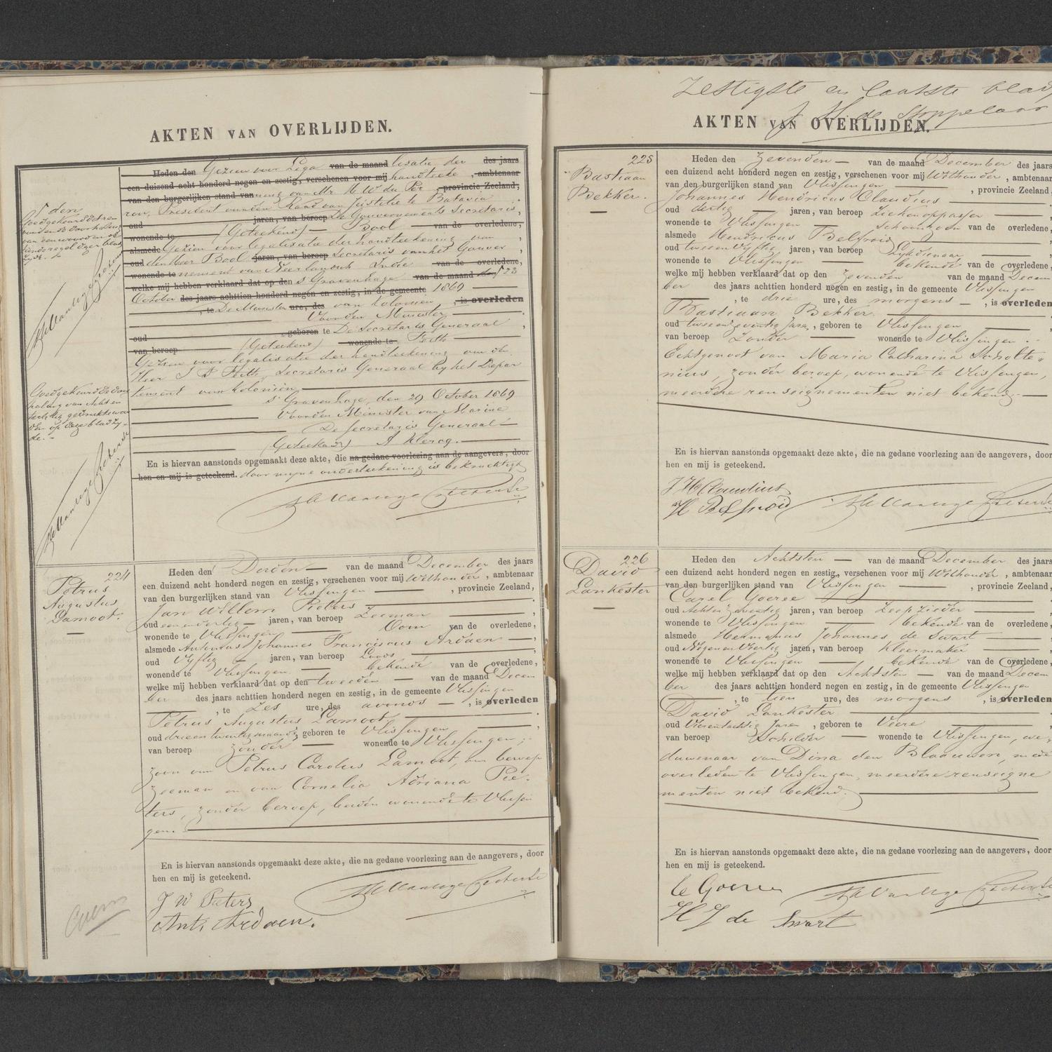 Civil registry of deaths, Vlissingen, 1869, records 223-226