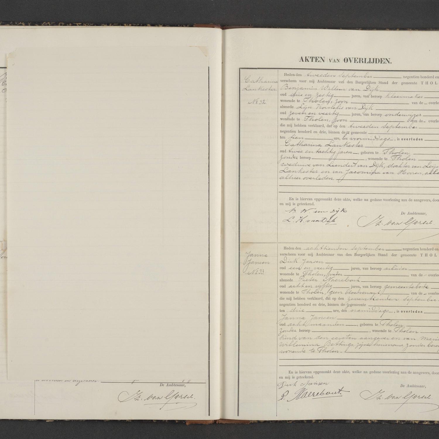 Civil registry of deaths, Tholen, 1903, records 32-33