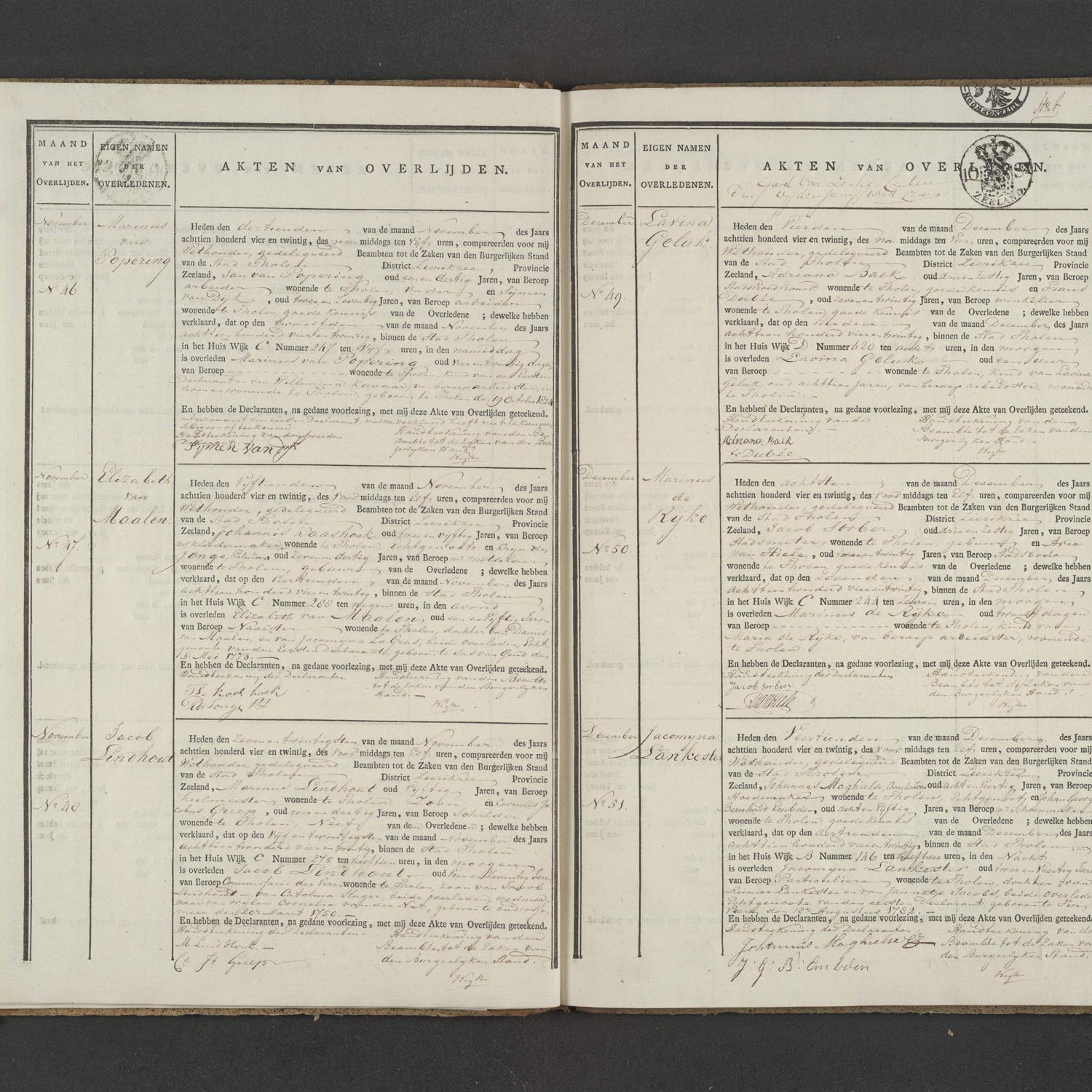 Civil registry of deaths, Tholen, 1824, records 46-51