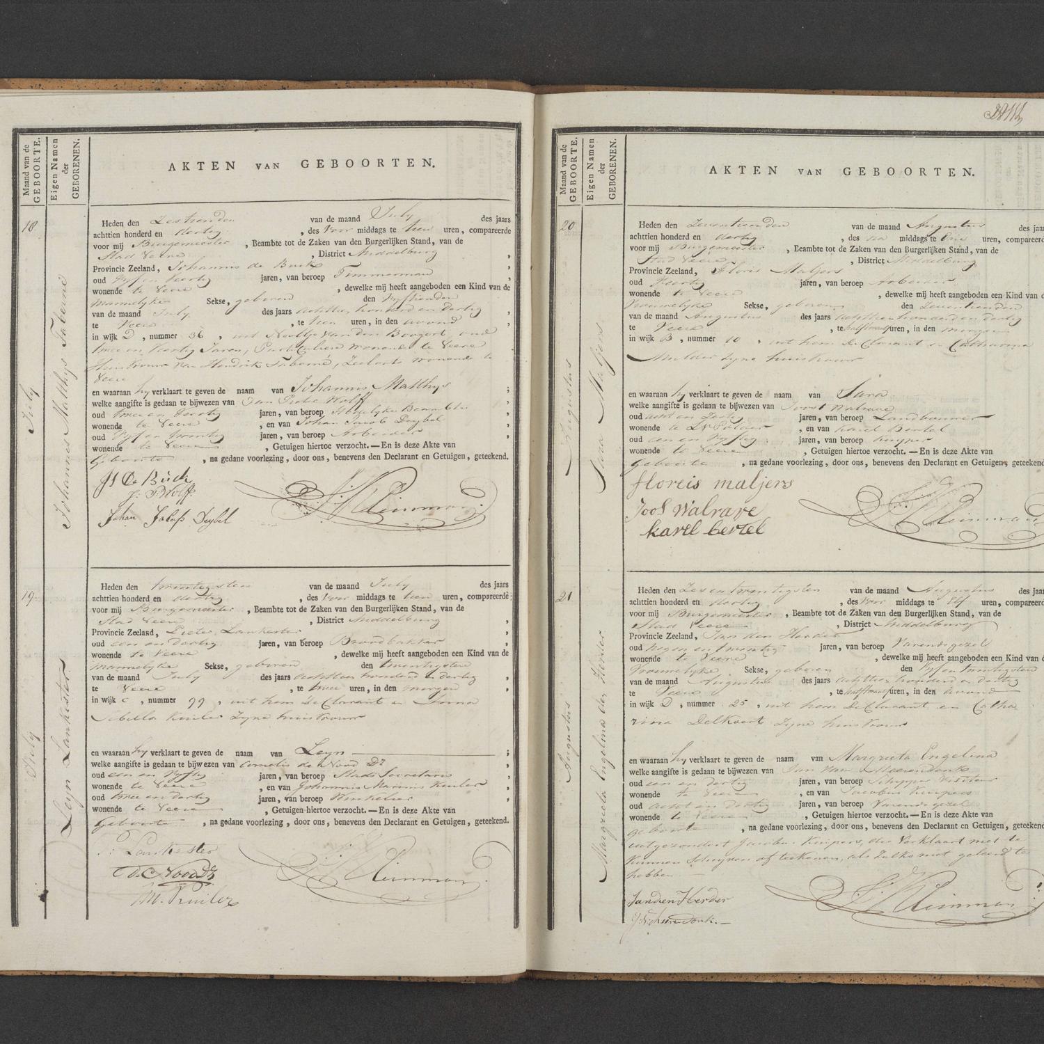 Civil registry of births, Veere, 1830, records 18-21