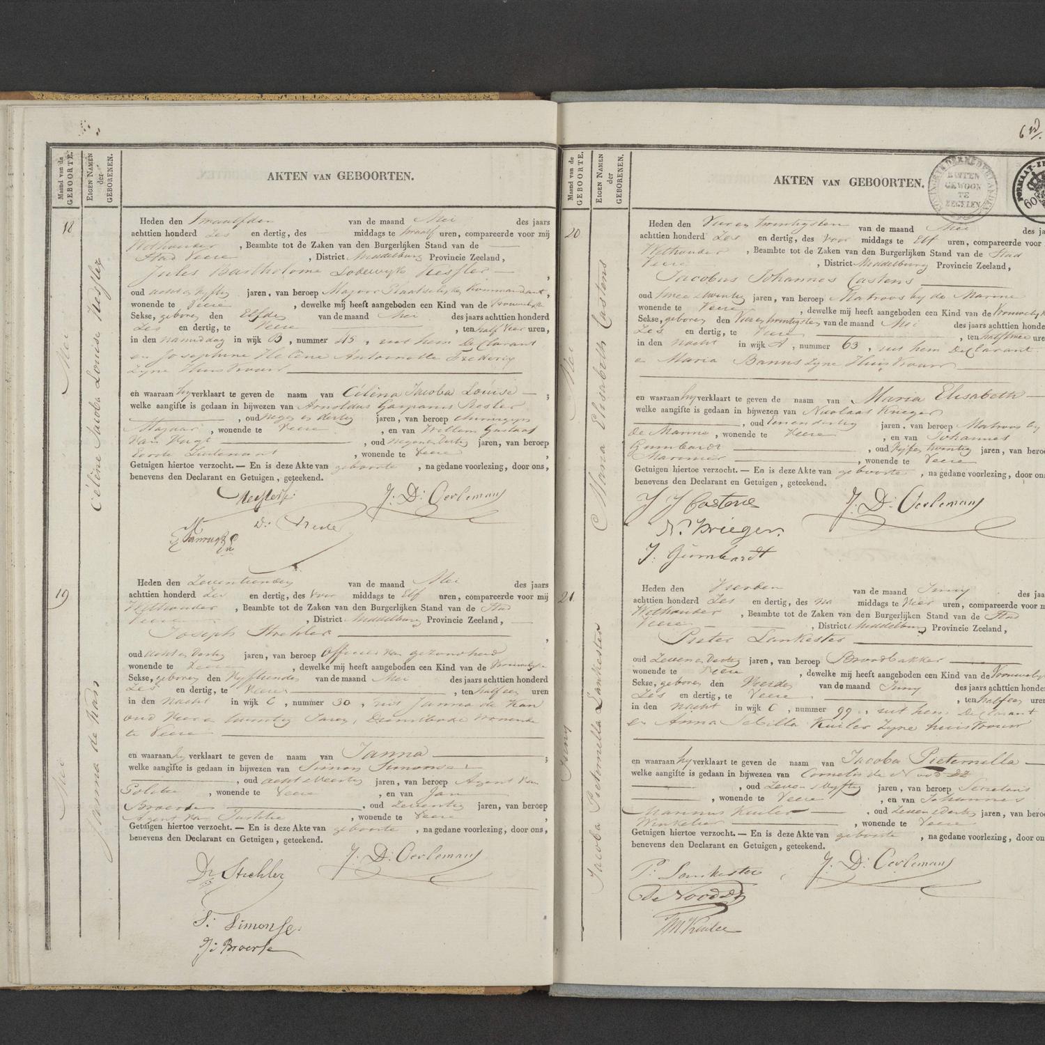 Civil registry of births, Veere, 1836, records 18-21