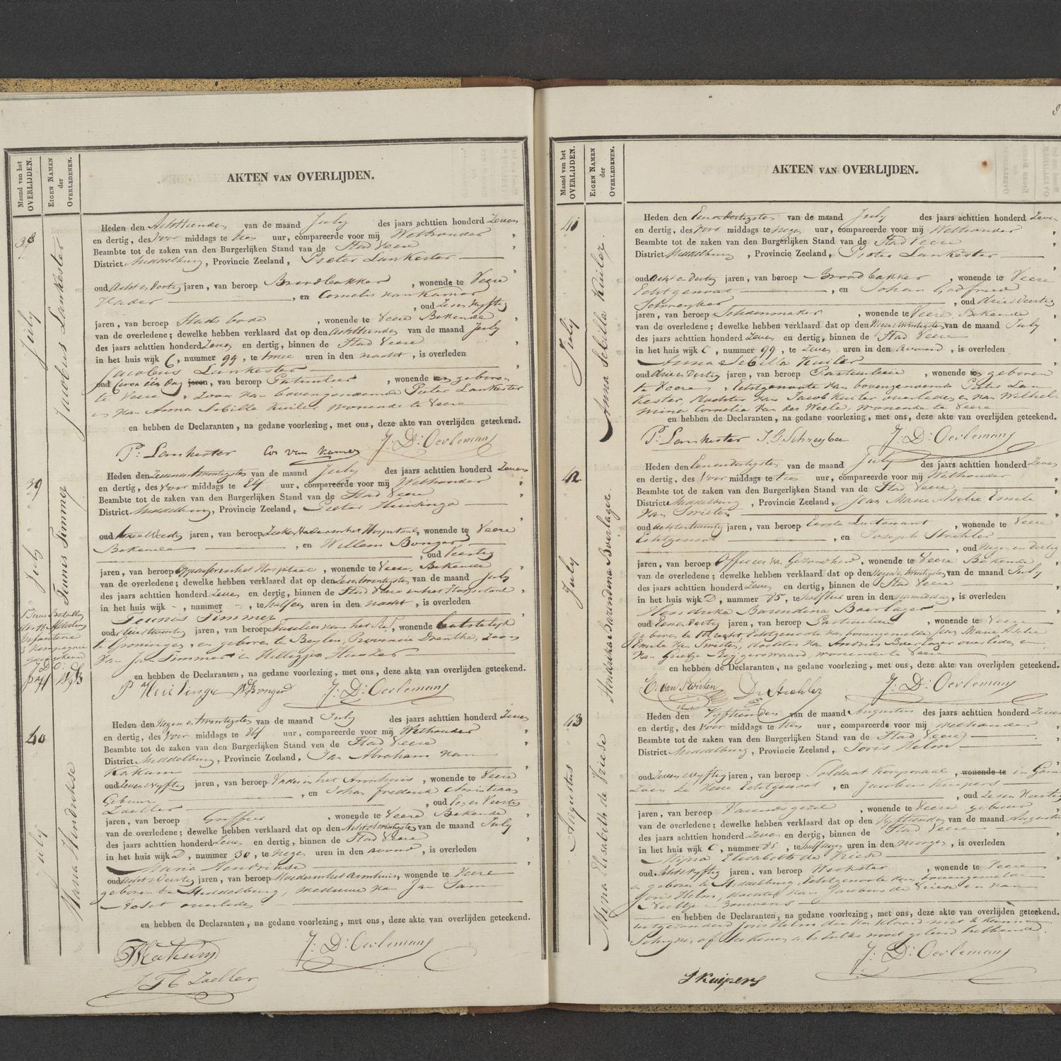 Civil registry of deaths, Veere, 1837, records 38-43