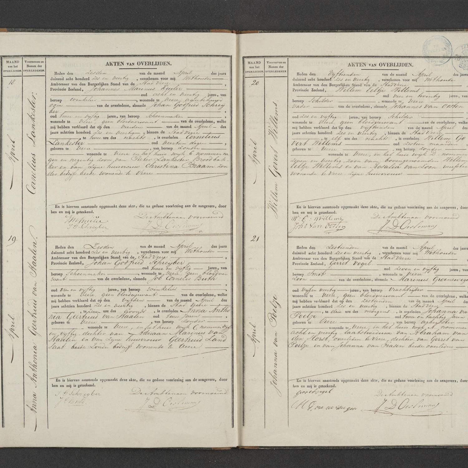 Civil registry of deaths, Veere, 1846, records 18-21