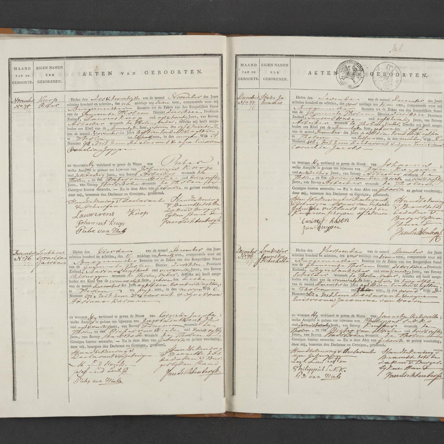 Civil registry of births, Tholen, 1818, records 74-77