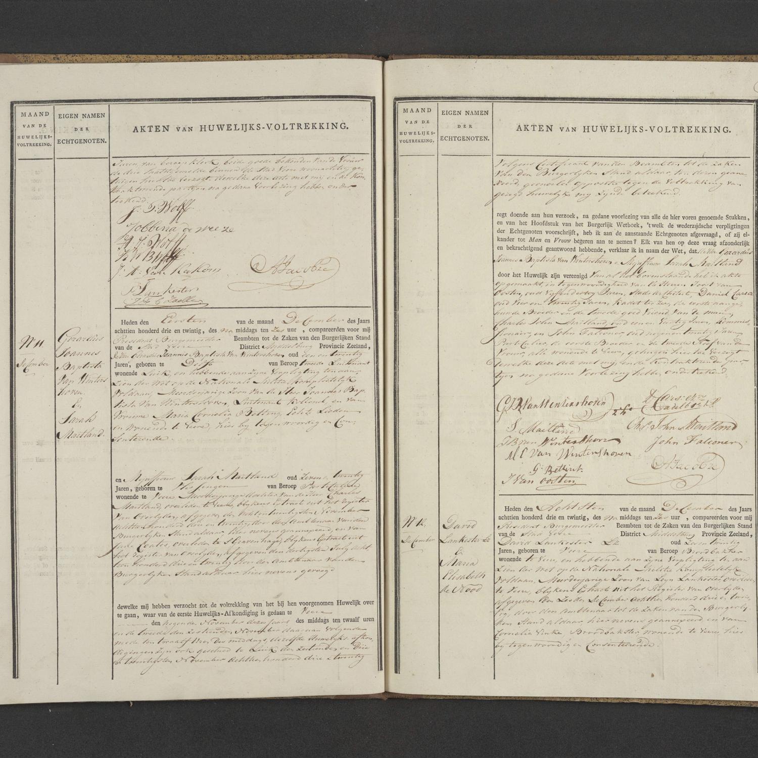 Civil registry of marriages, Veere, 1823, records 11-12