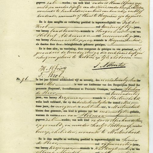 Civil registry of births, Hoogezand, 1875, records 95-96