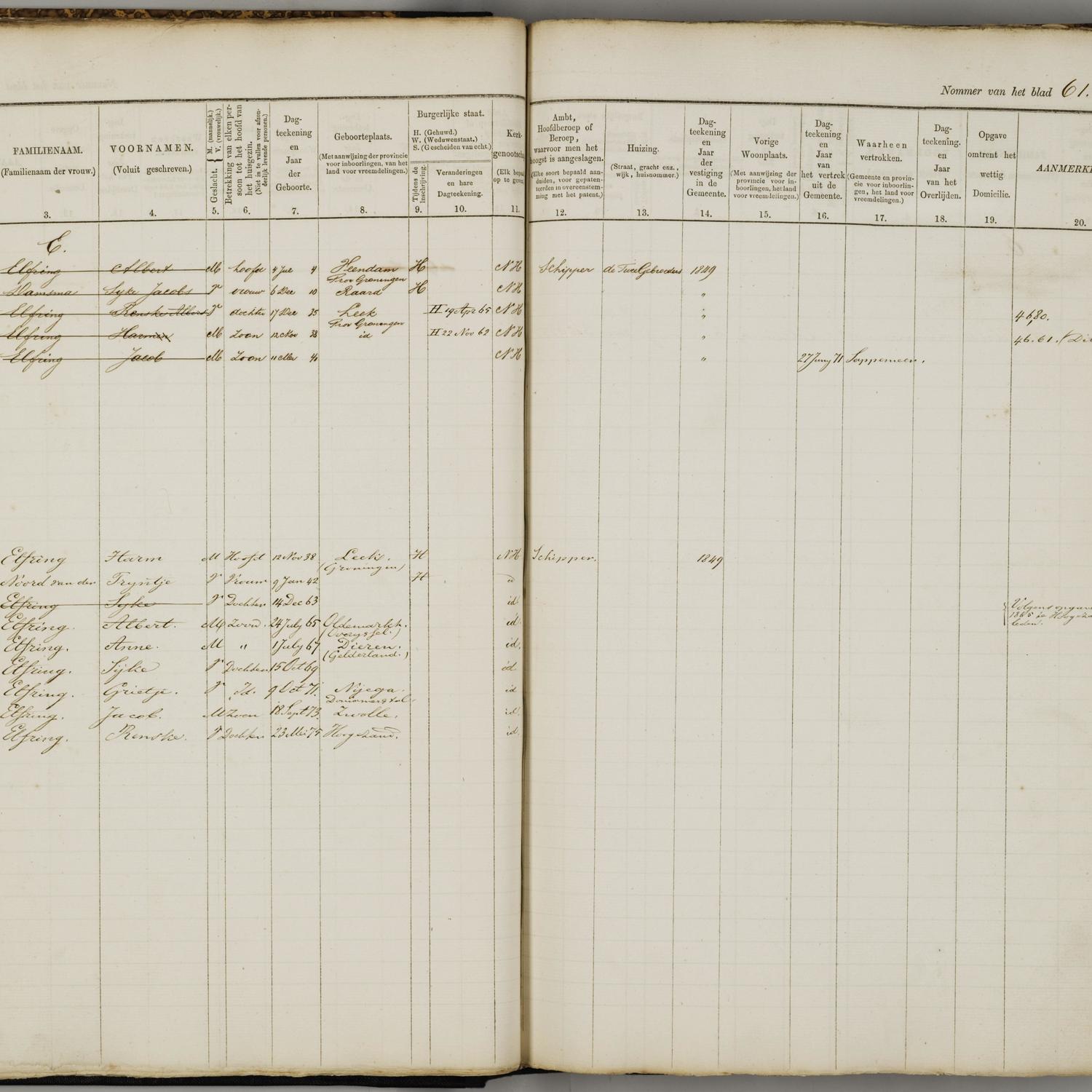 Civil registry, Leeuwarden, 1859-1876, sheet 61