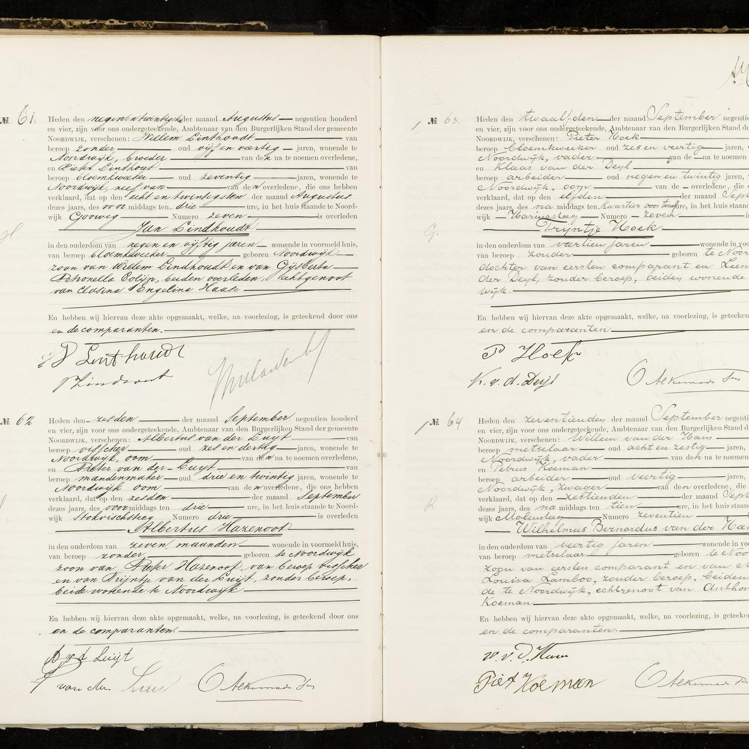 Civil registry of deaths, Noordwijk, 1904, records 61-64