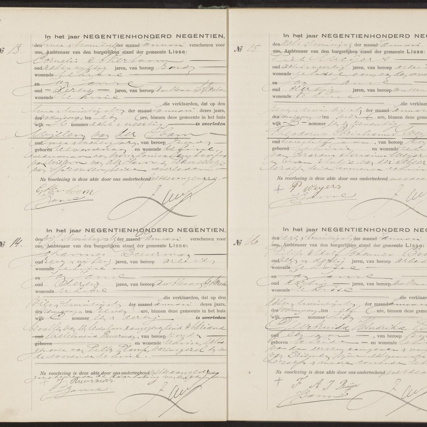 Civil registry of deaths, Lisse, 1919, records 13-16