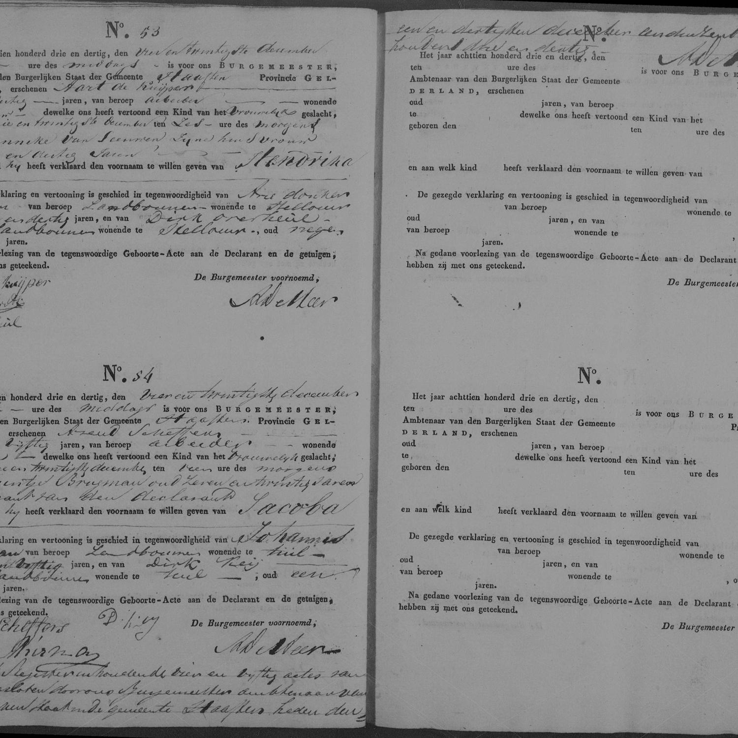 Civil registry of births, Haaften, 1833, records 53-54
