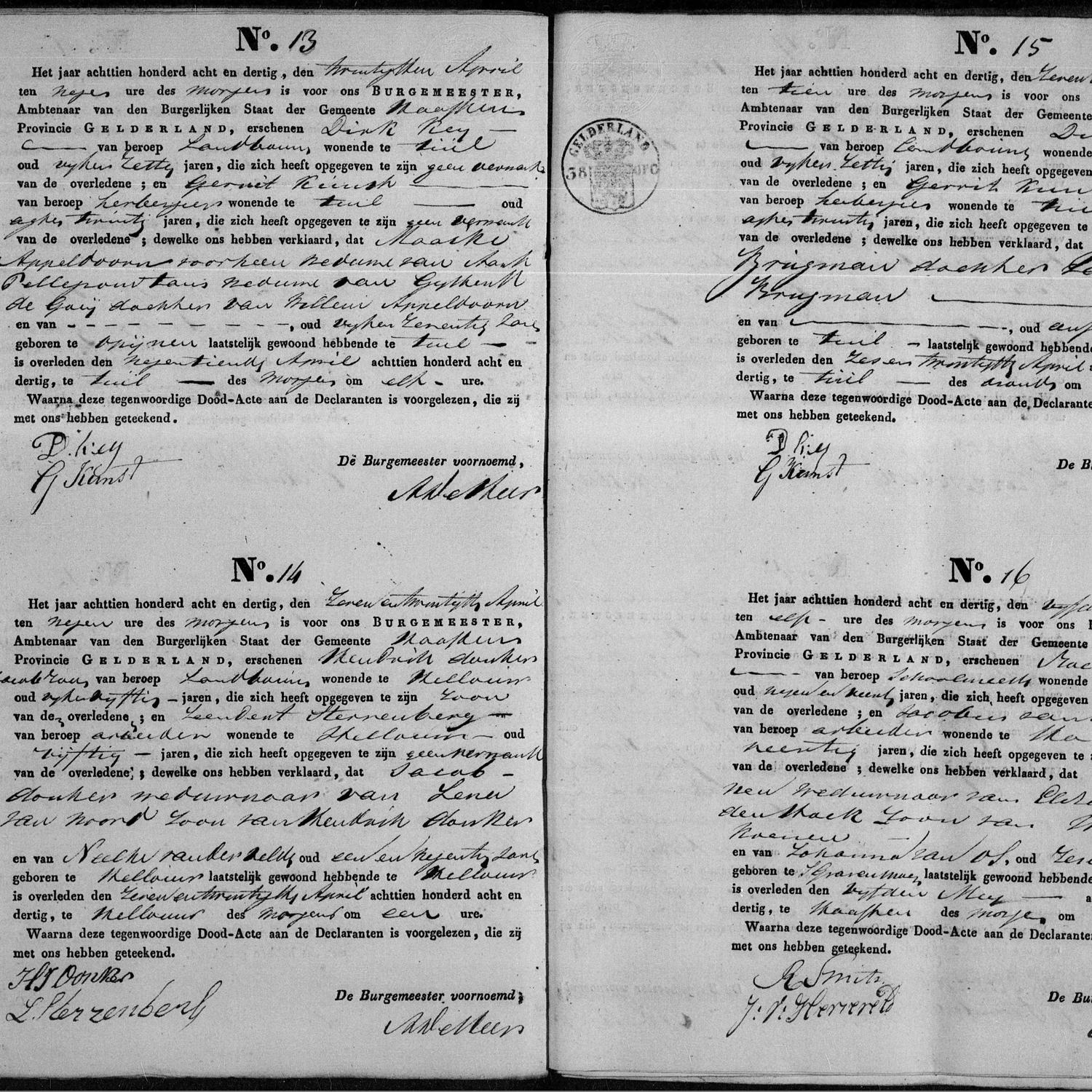 Civil registry of deaths, Haaften, 1838, records 13-16