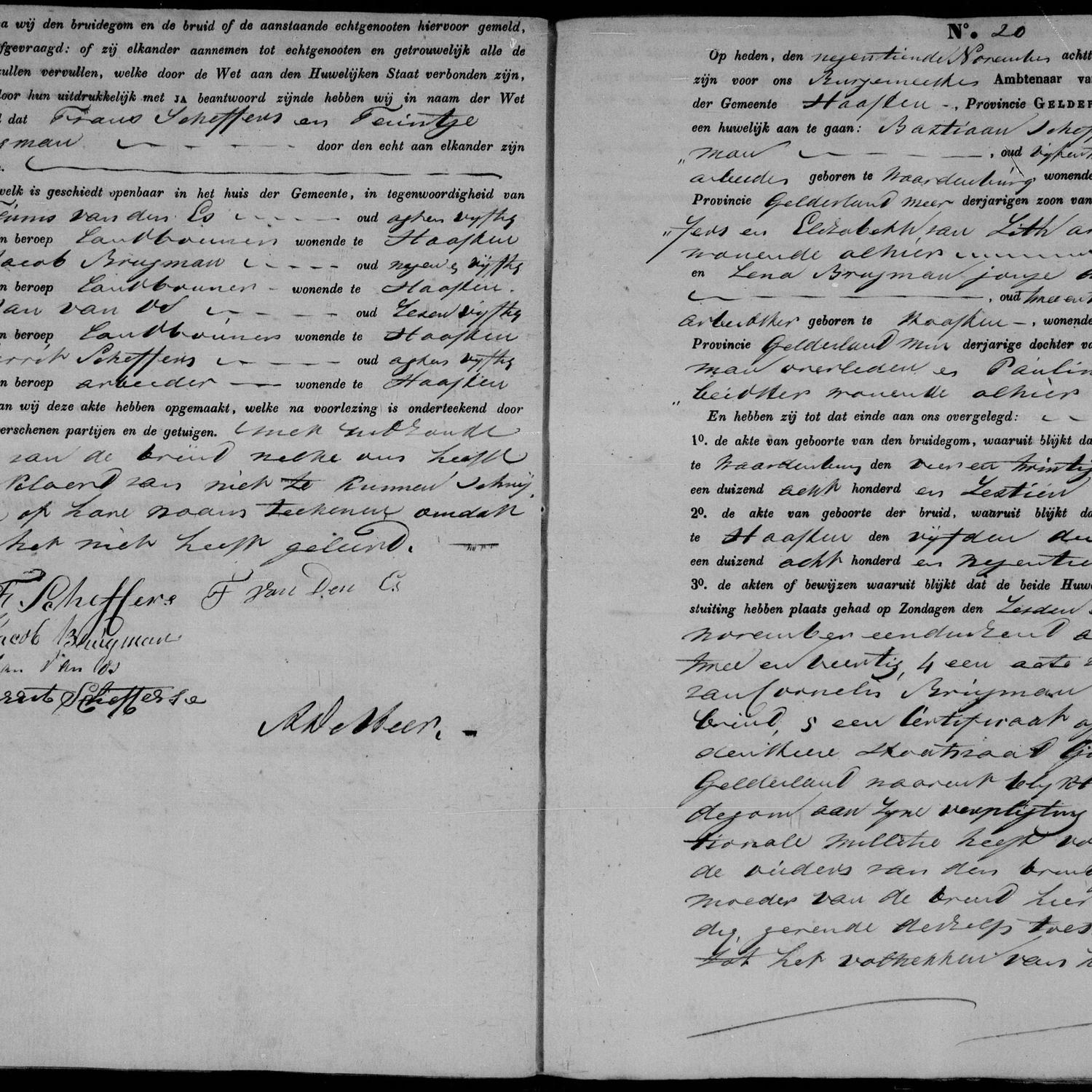 Civil registry of marriages, Haaften, 1842, records 19-20