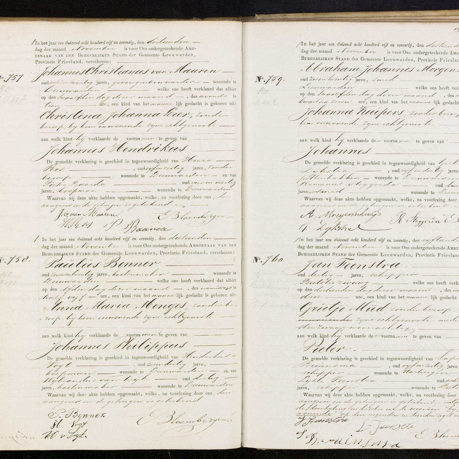 Civil registry of births, Leeuwarden, 1875, records 757-760