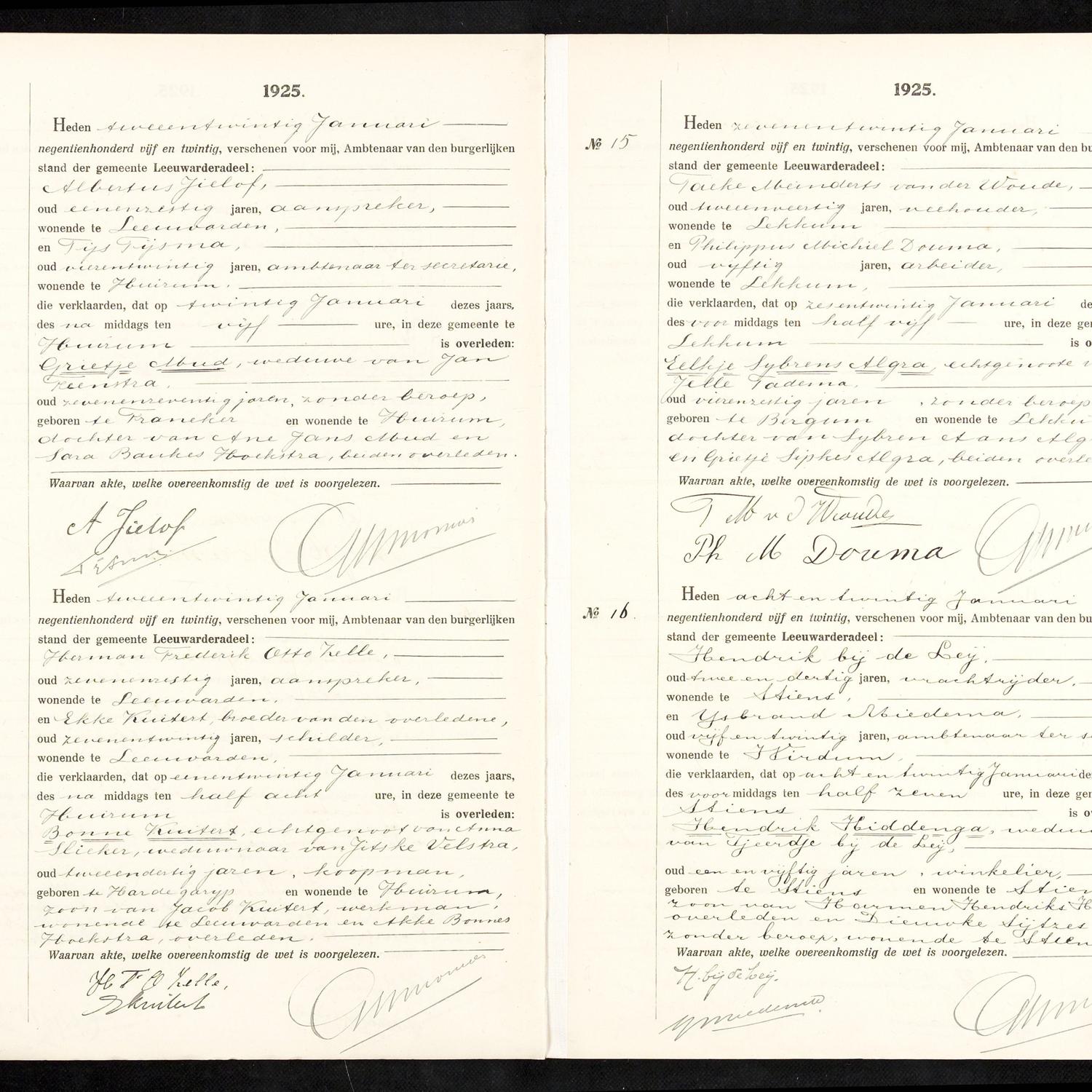 Civil registry of deaths, Leeuwarderadeel, 1925, records 13-16