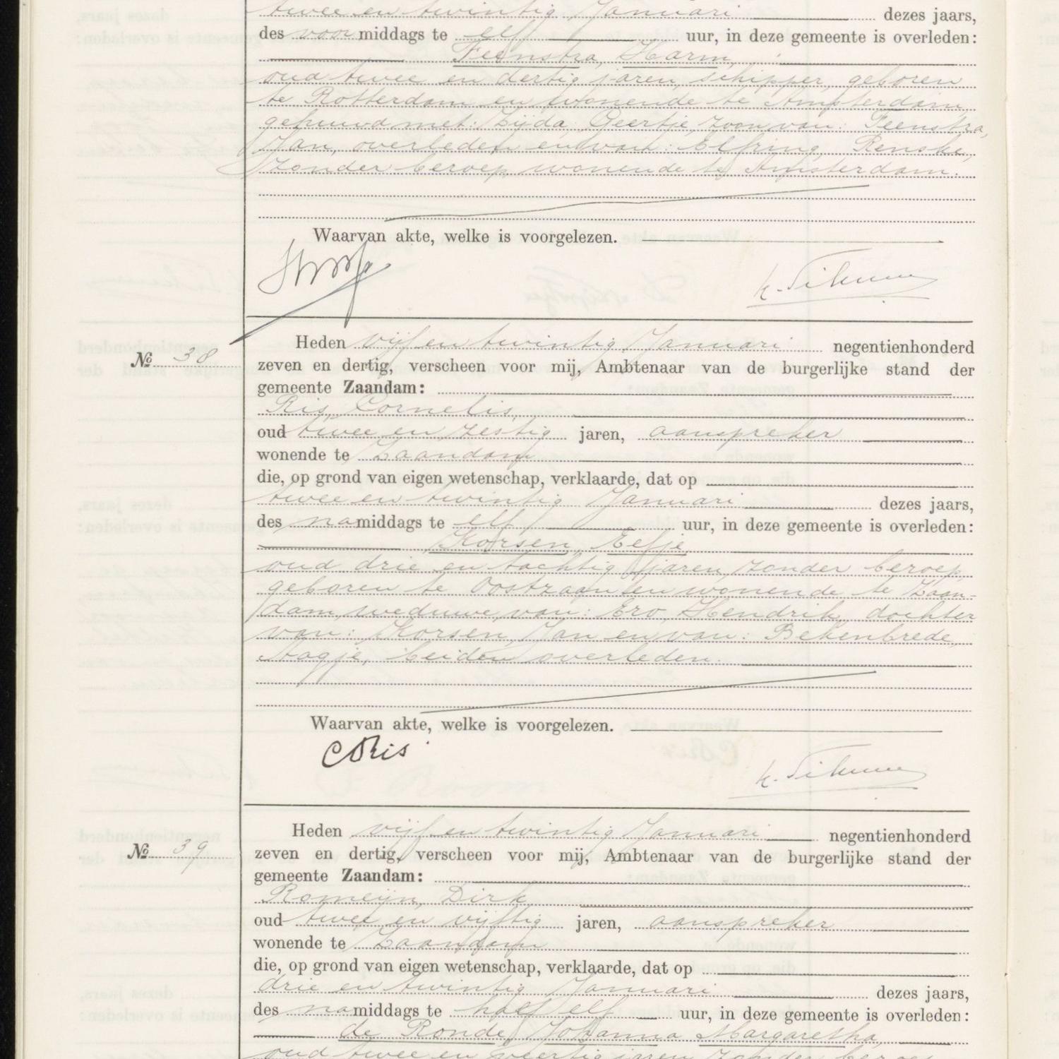 Civil registry of deaths, Zaandam, 1937, records 37-39