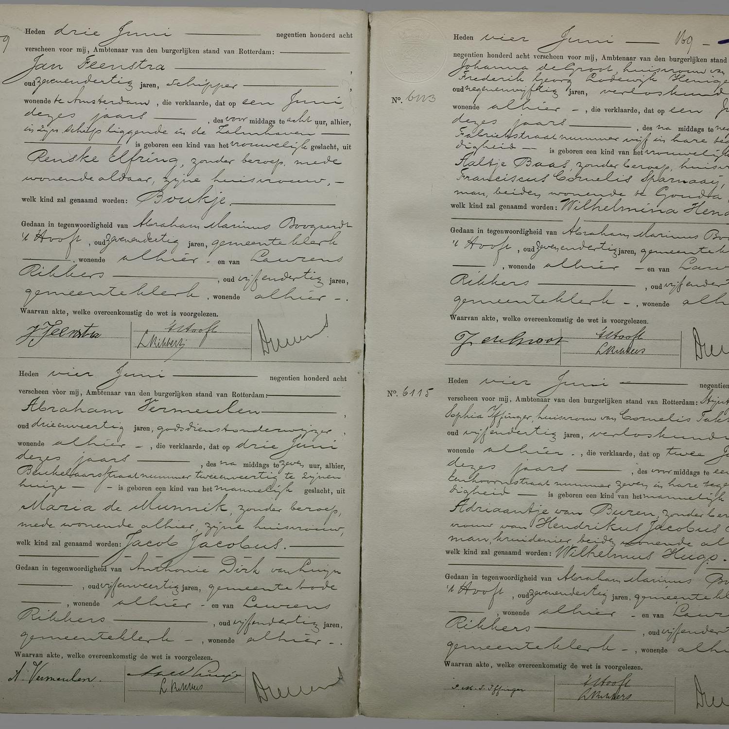 Civil registry of births, Rechtbank Rotterdam, 1908, records 6109-6115 (odd)
