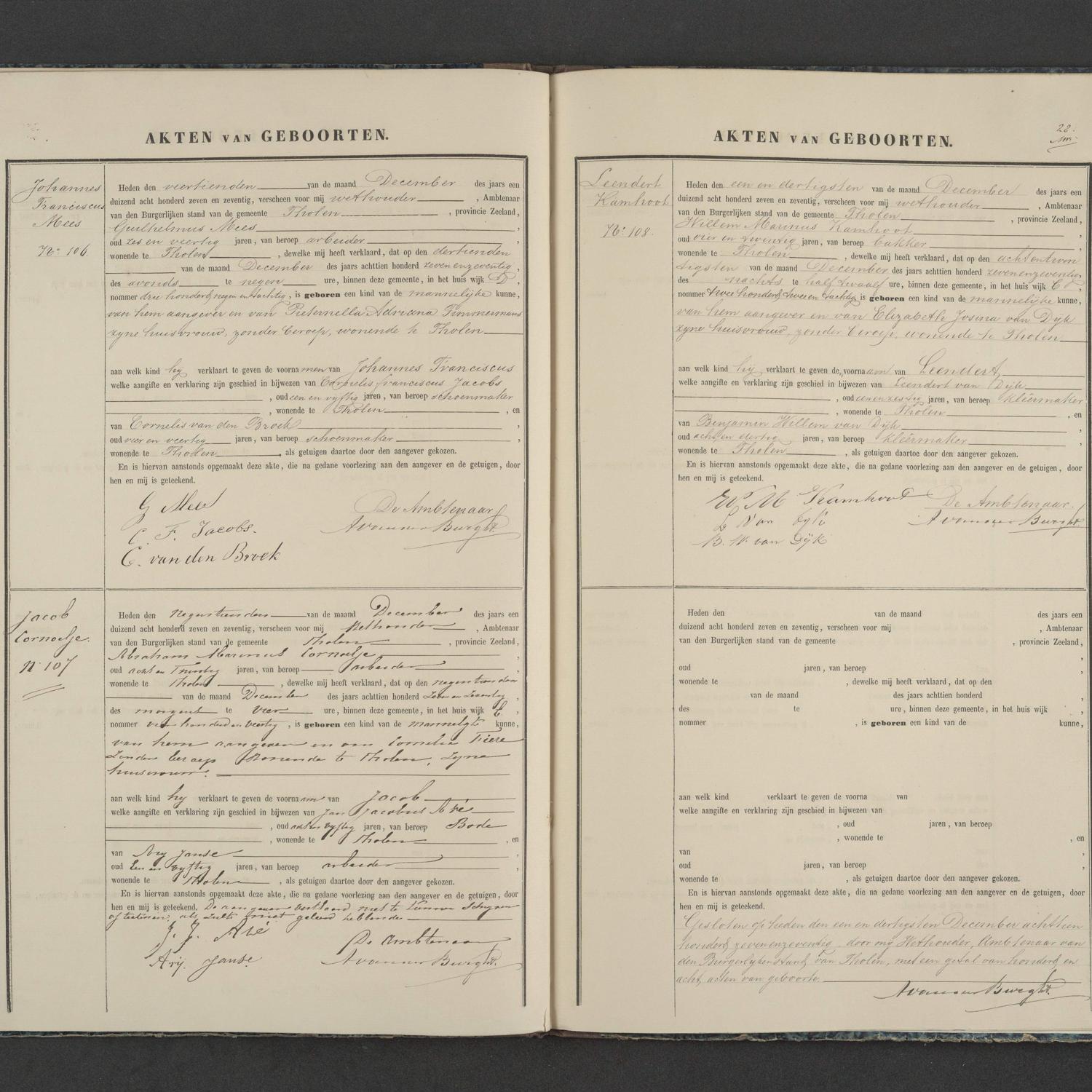 Civil registry of births, Tholen, 1877, records 106-108