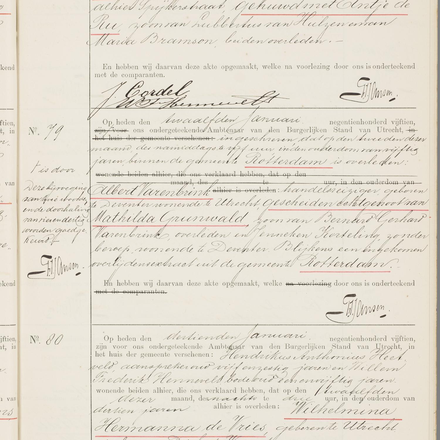 Civil registry of deaths, Utrecht, 1915, records 78-80