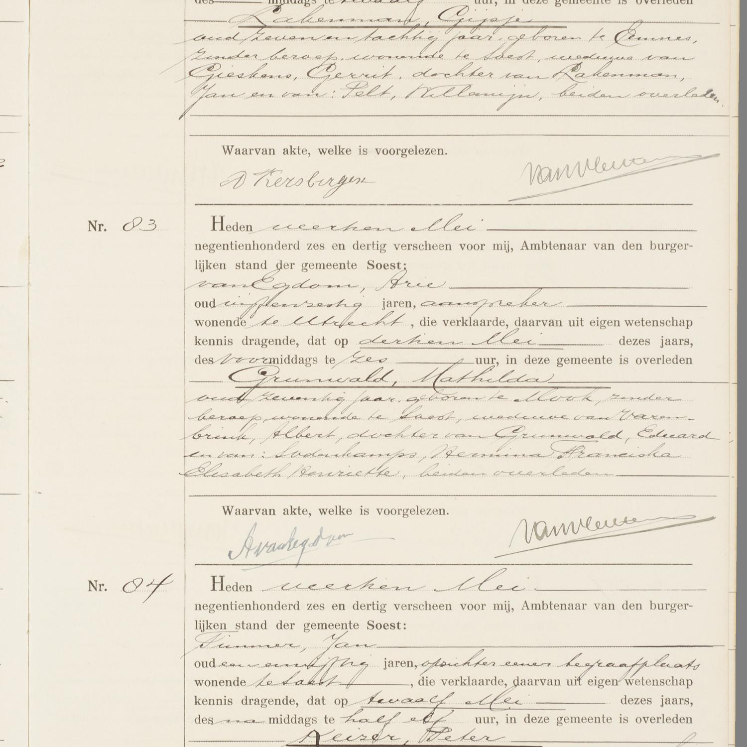 Civil registry of deaths, Soest, 1936, records 82-84