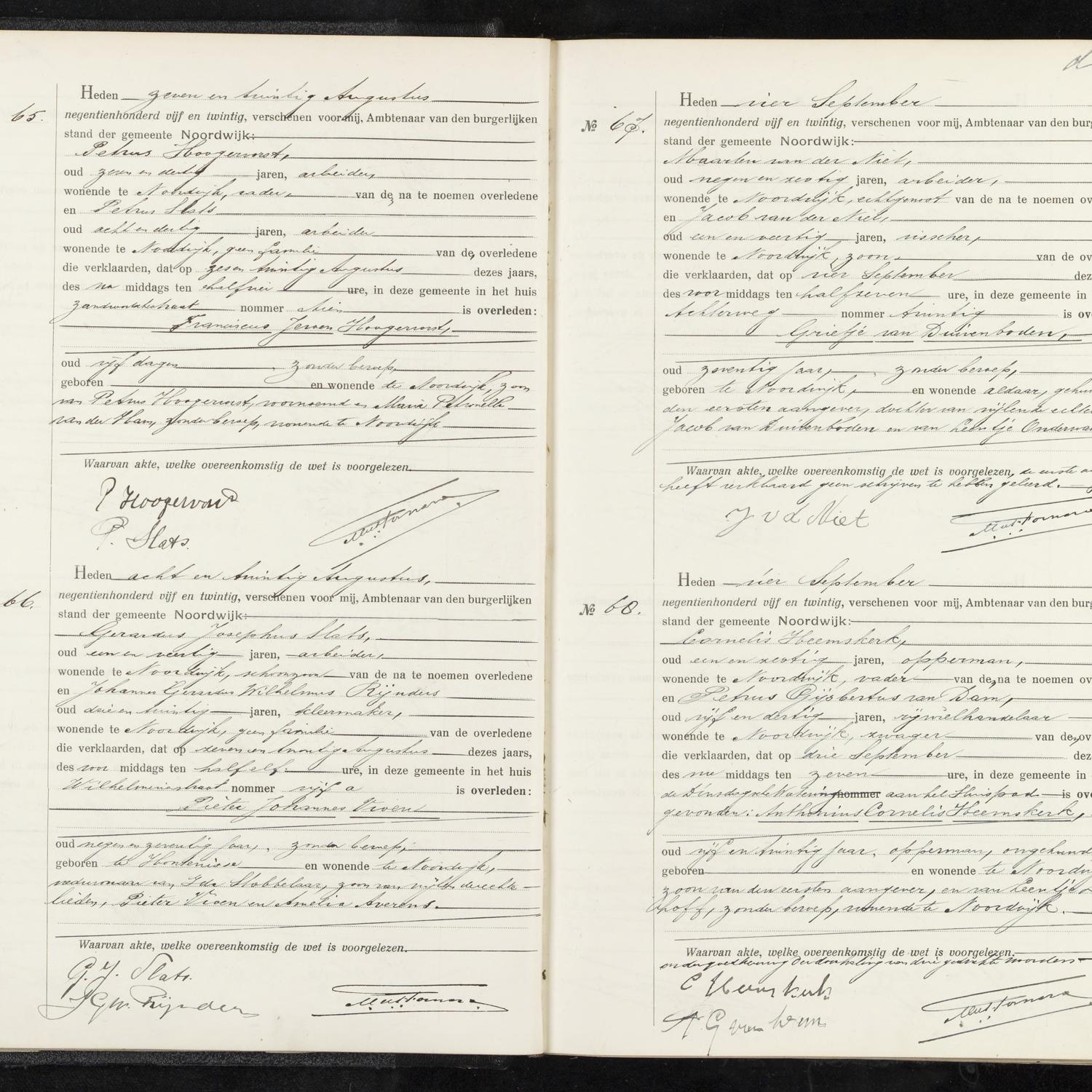 Civil registry of deaths, Noordwijk, 1925, records 65-68