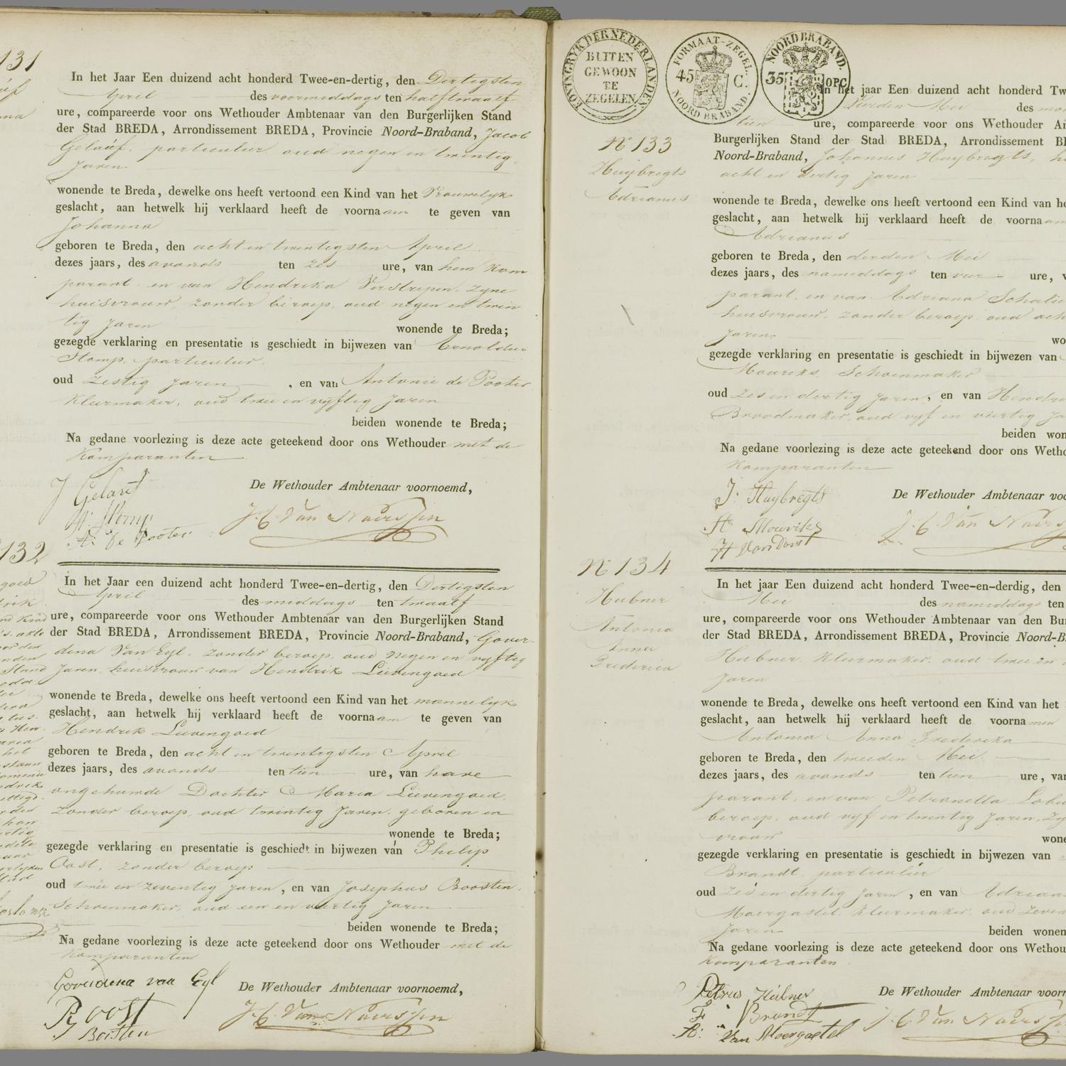 Civil registry of births Breda, 1832, records 131-134