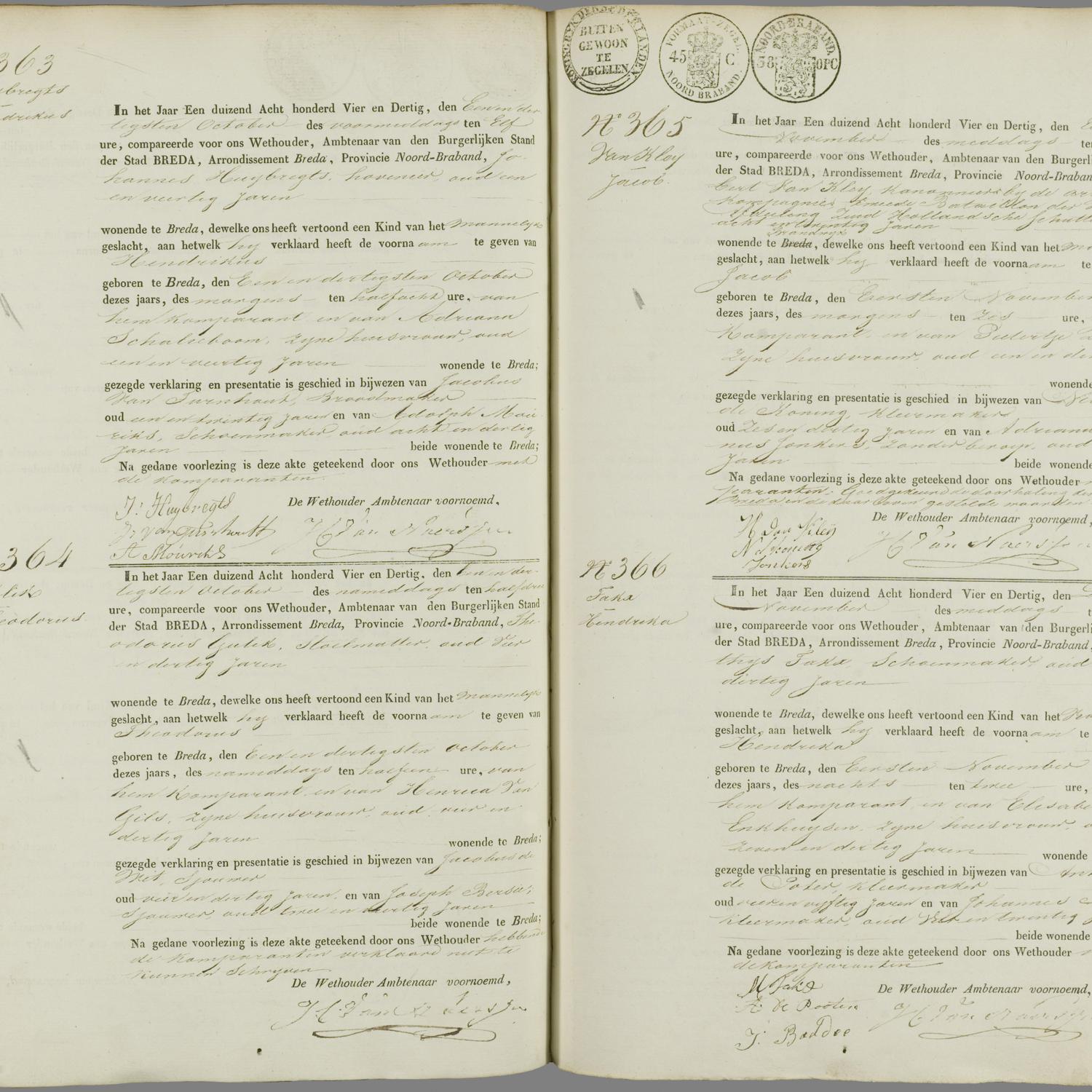 Civil registry of births, Breda, 1834, records 363-366