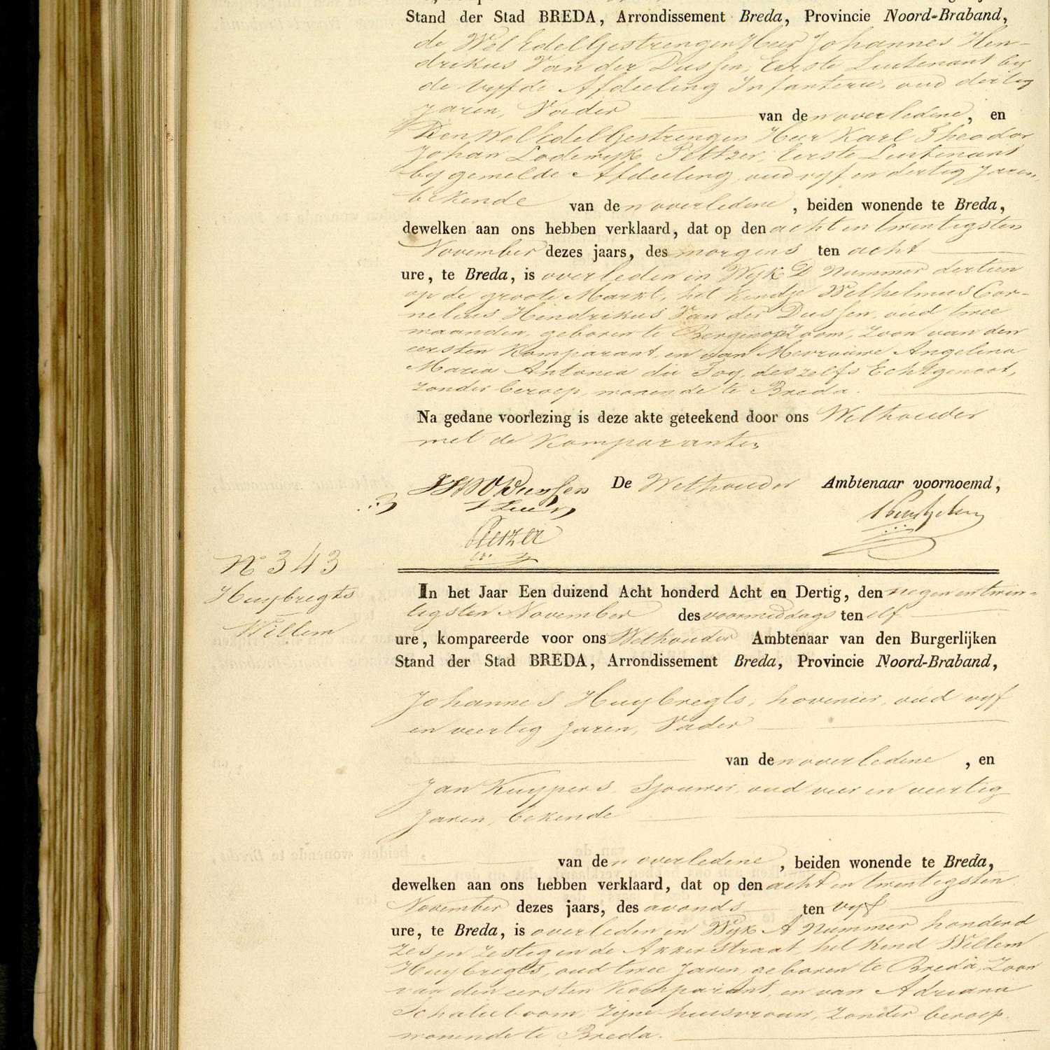 Civil registry of deaths, Breda, 1838, records 342-343