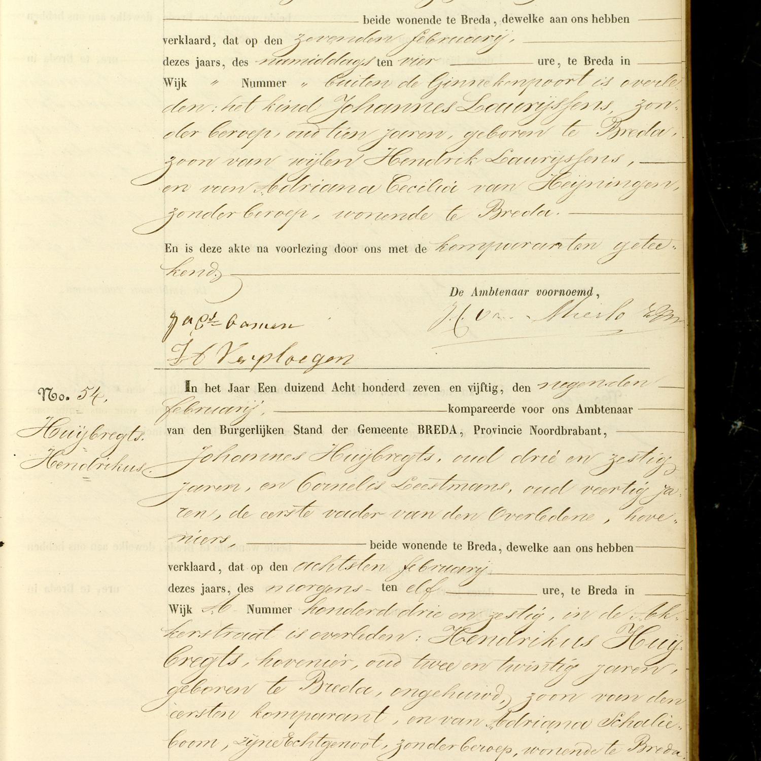 Civil registry of deaths, Breda, 1857, records 53-54
