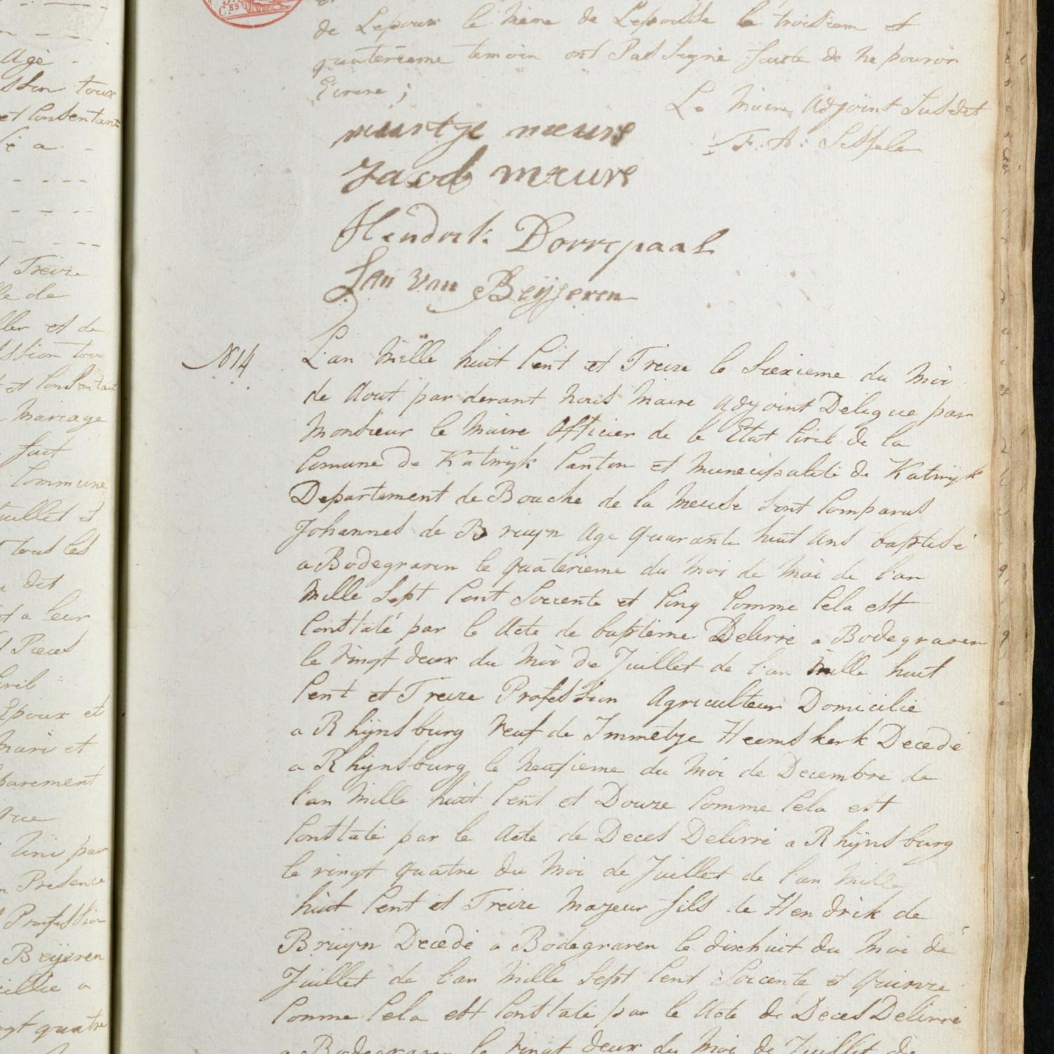 Civil registry of marriages, Katwijk, 1813, records 13-14