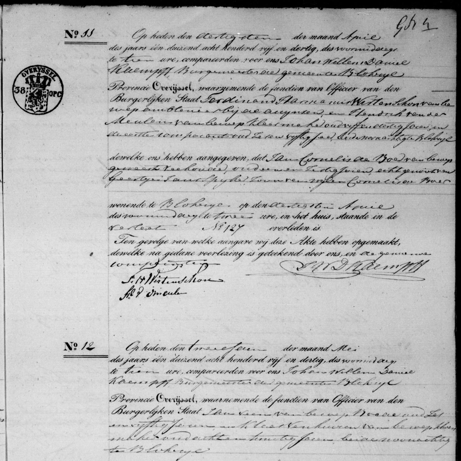 Civil registry of deaths, Blokzijl, April 30, 1835, records 9-12