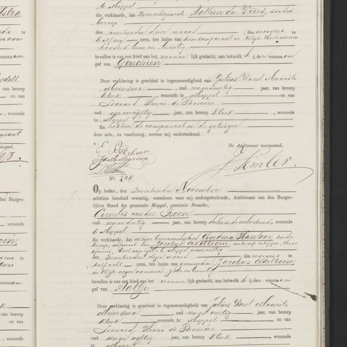 Civil registry of births, Meppel, November 17, 1870, records 223-224