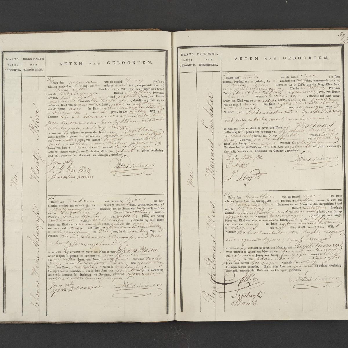 Civil registry of births, Vlissingen, 1821, records 115-118