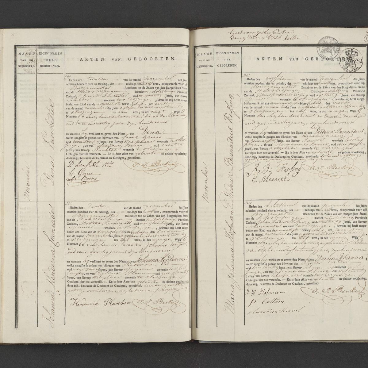Civil registry of births, Vlissingen, 1824, records 299-302