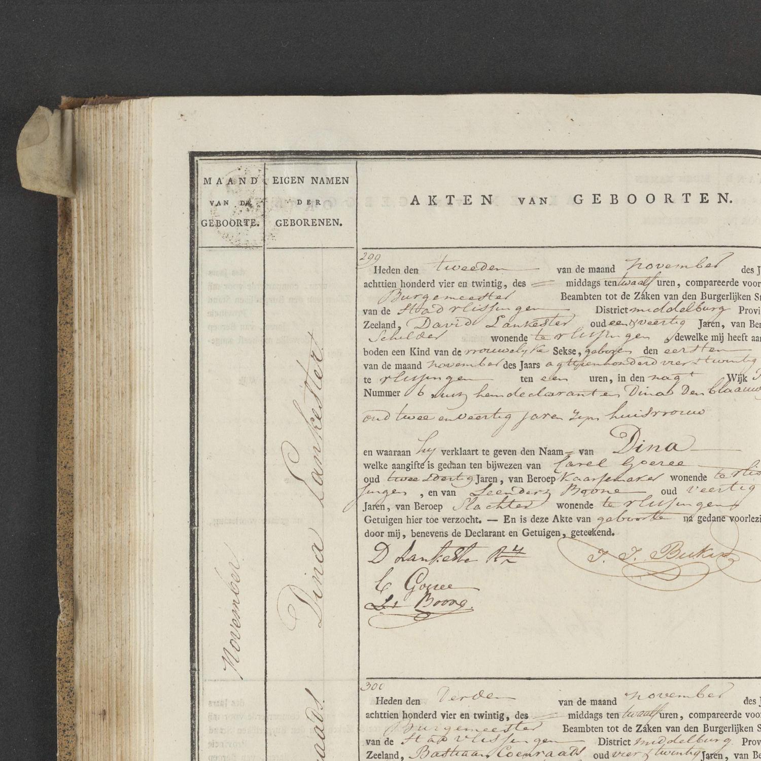 Civil registry of births, Vlissingen, 1824, records 299-302