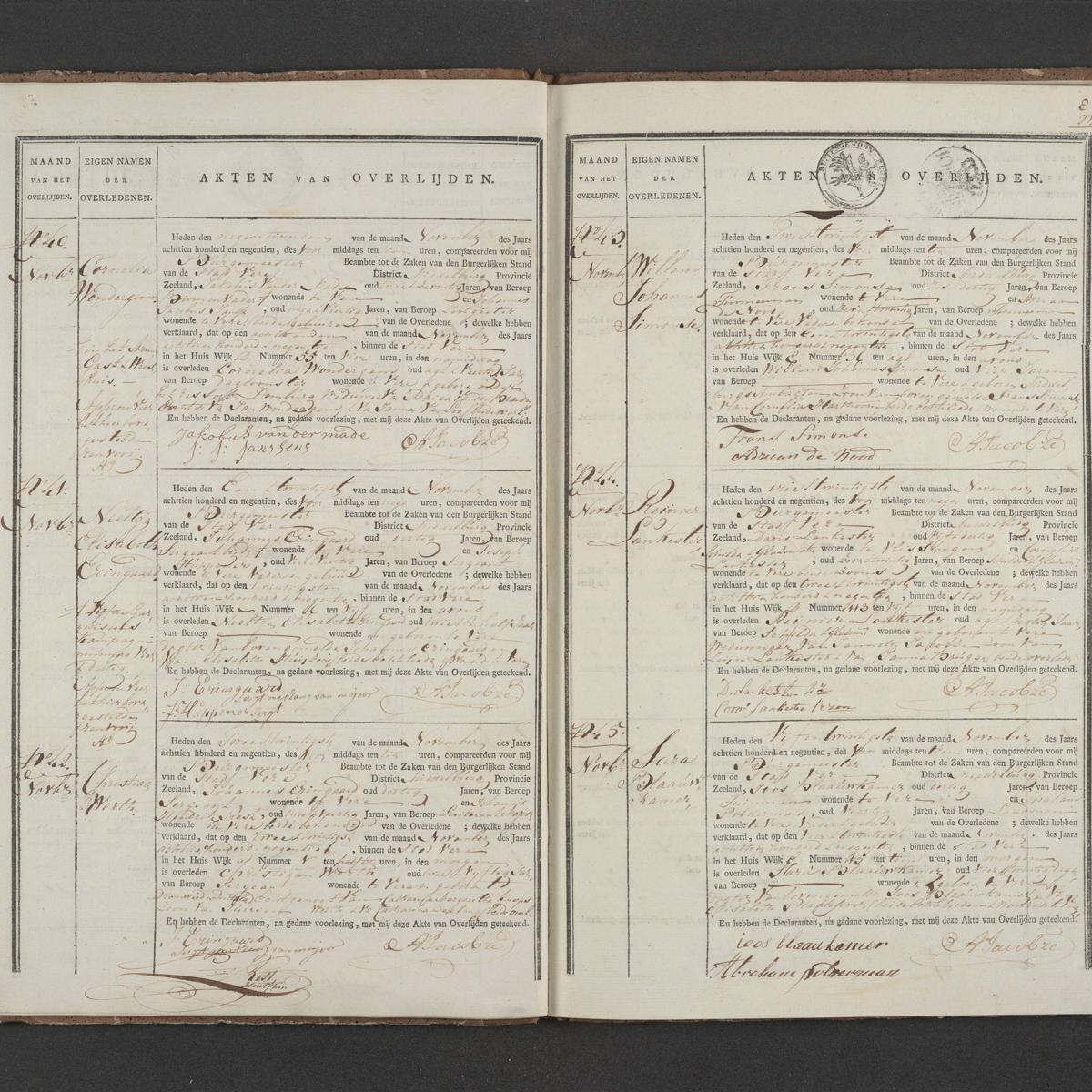 Civil registry of deaths, Veere, 1819, records 40-45