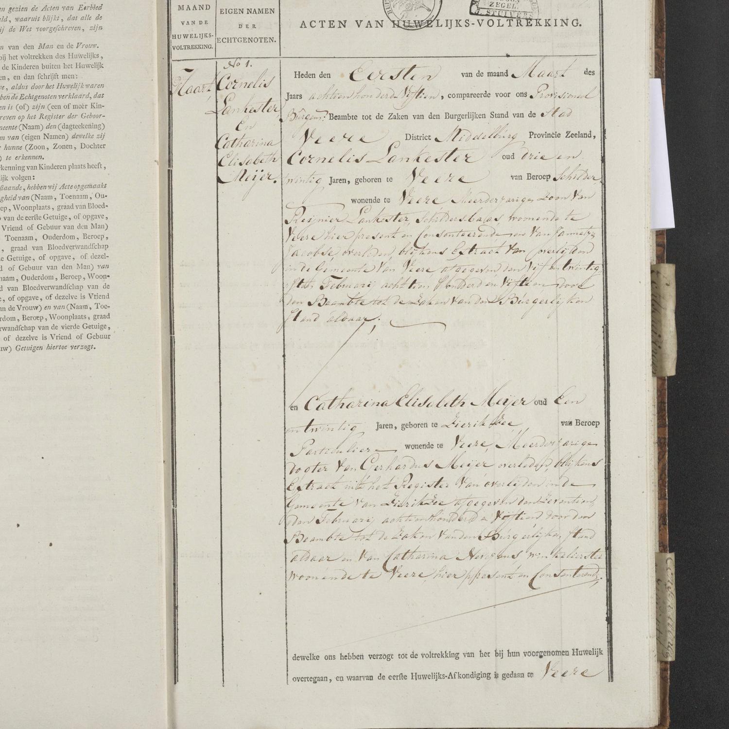 Civil registry of marriages, Veere, 1815, record 1