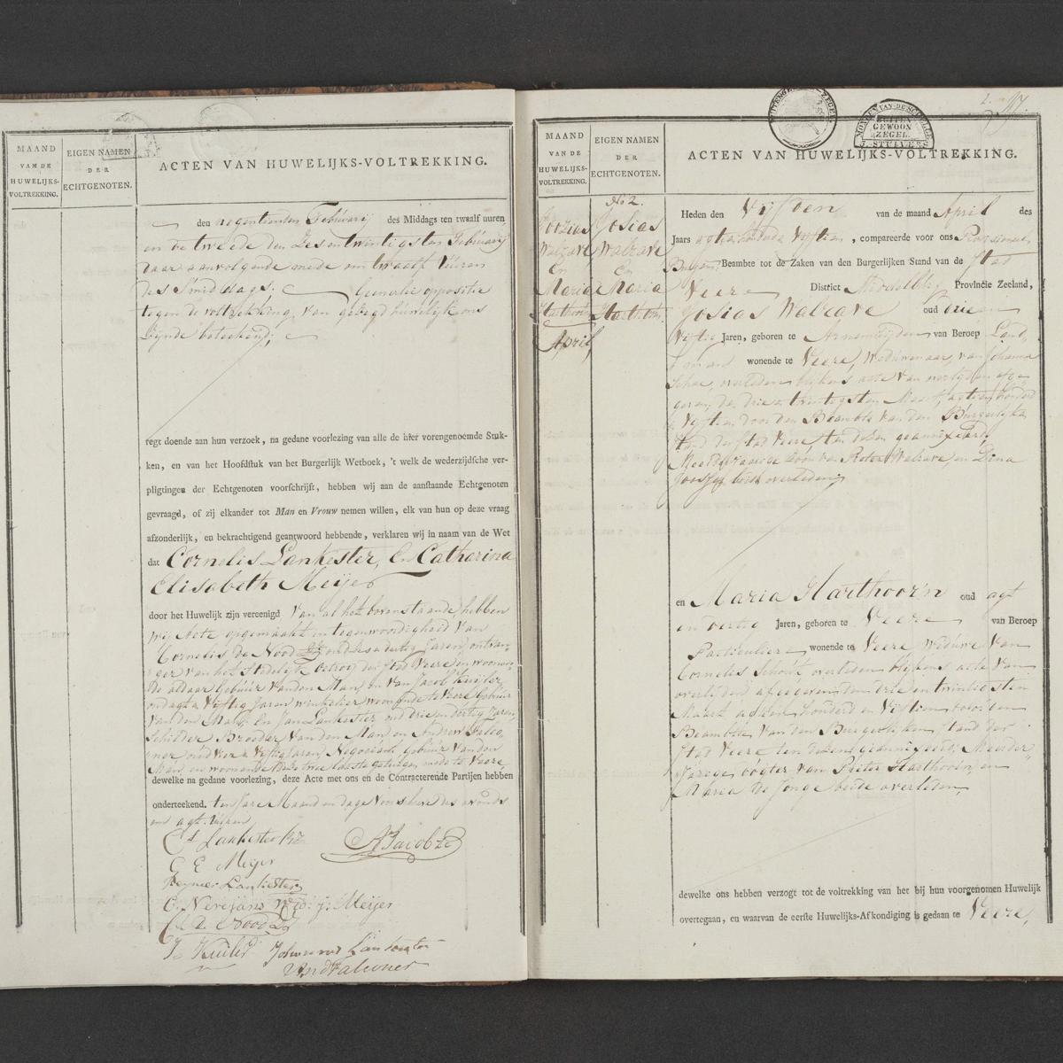 Civil registry of marriages, Veere, 1815, records 1-2
