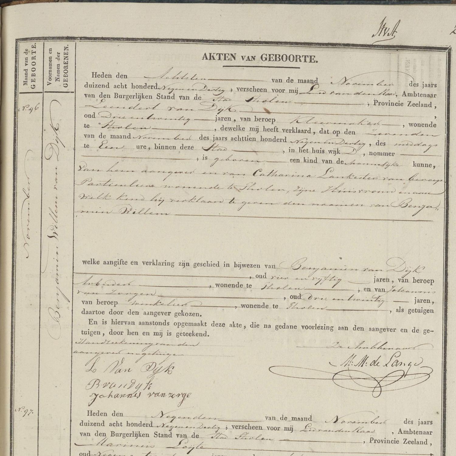 Civil registry of births, Tholen, 1839, records 94-97