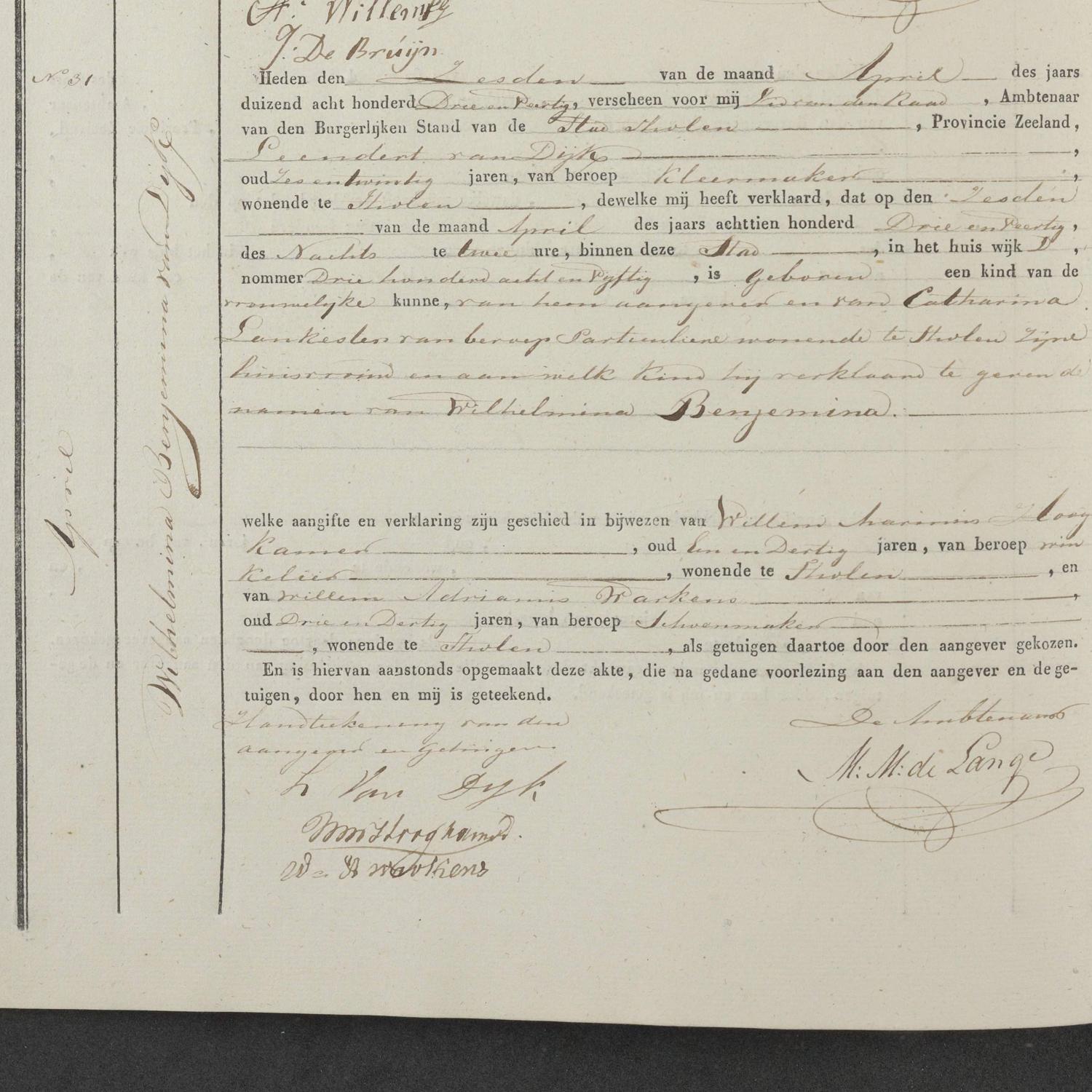 Civil registry of births, Tholen, 1843, records 30-33