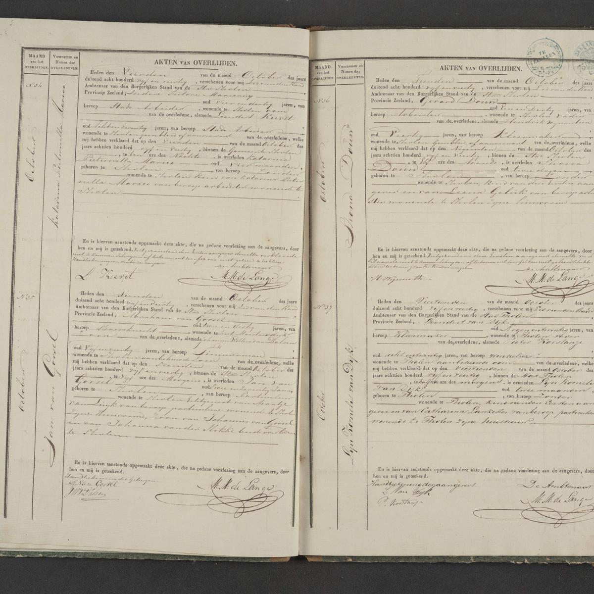 Civil registry of deaths, Tholen, 1845, records 34-37