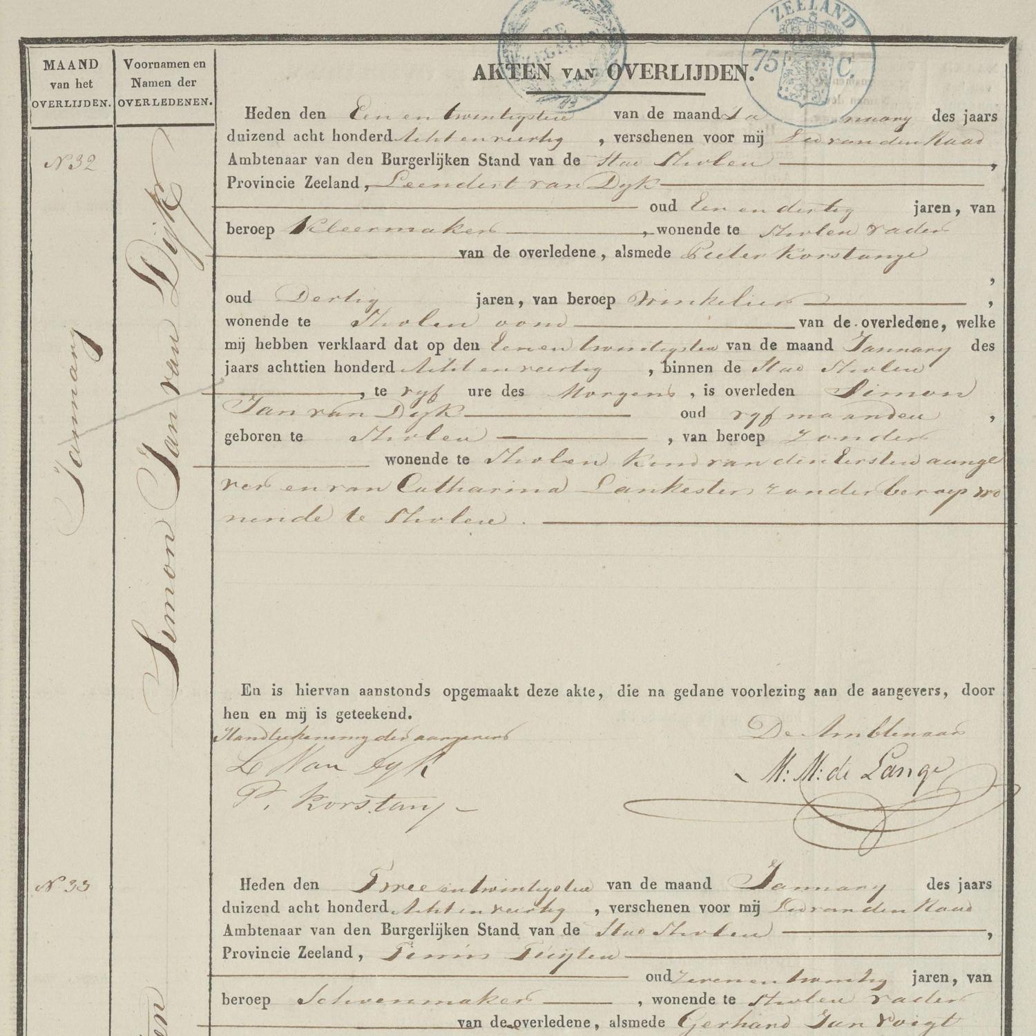 Civil registry of deaths, Tholen, 1848, records 30-33