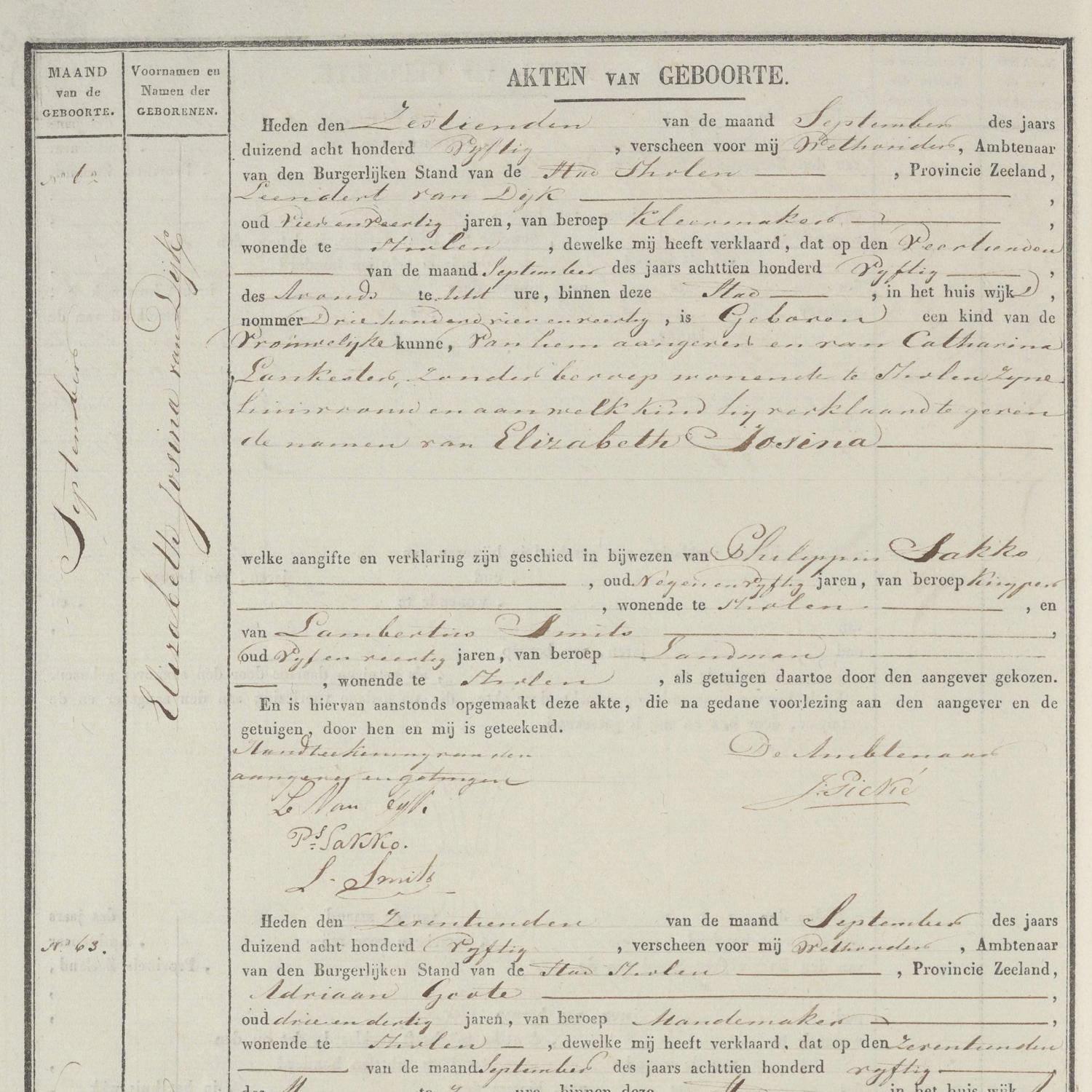 Civil registry of births, Tholen, 1850, records 62-65