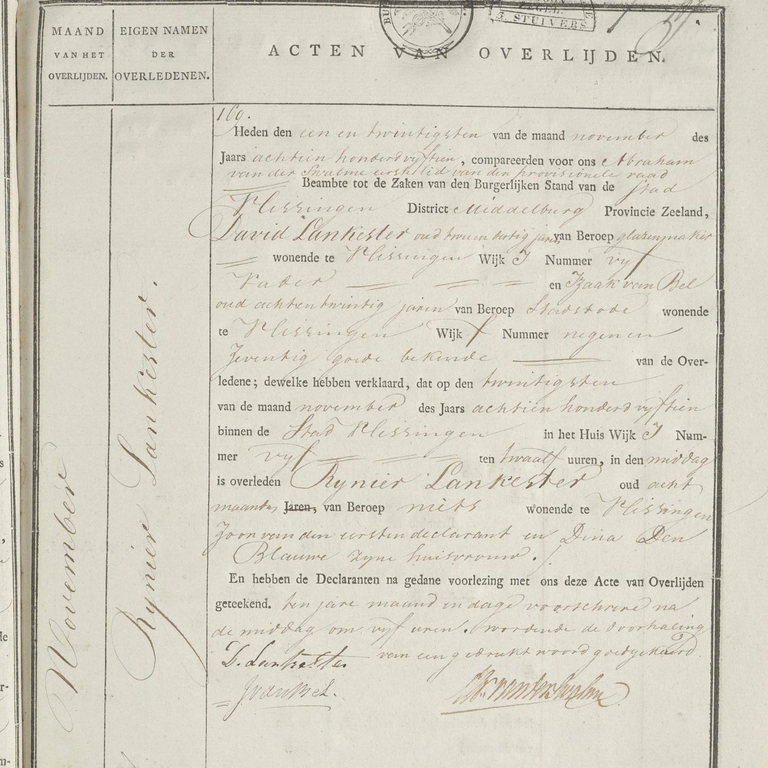 Civil registry of deaths, Vlissingen, 1815, records 167-170