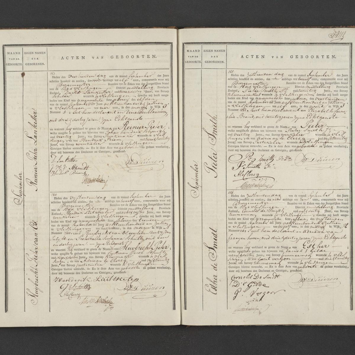 Civil registry of births, Vlissingen, 1816, records 183-186