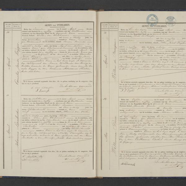 Civil registry of deaths, Veere, 1856, records 10-13