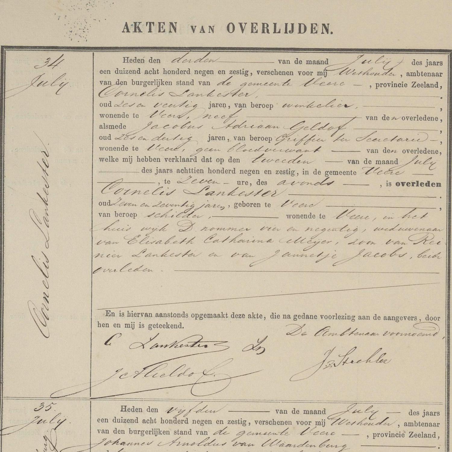 Civil registry of deaths, Veere, 1869, records 34-37