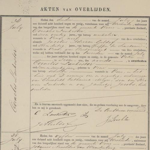 Civil registry of deaths, Veere, 1869, records 34-37