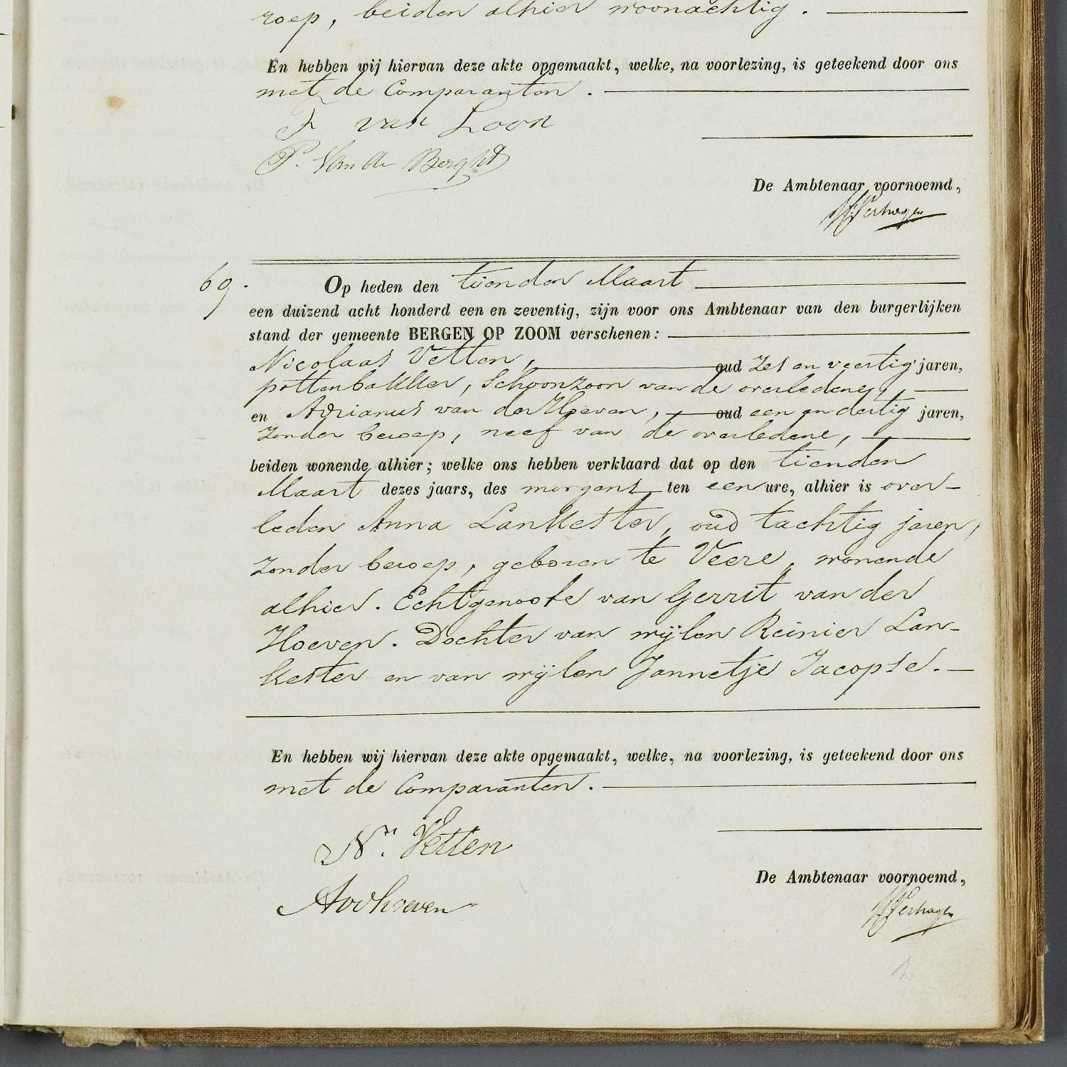 Civil registry of deaths, Bergen Op Zoom, 1871, records 66-69