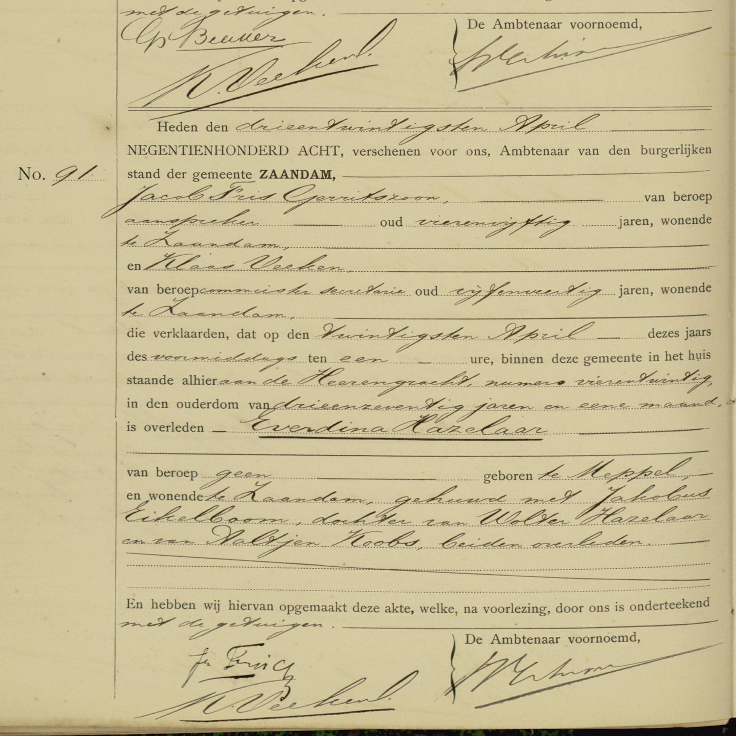 Civil registry of deaths, Zaandam, 1908, records 90-91